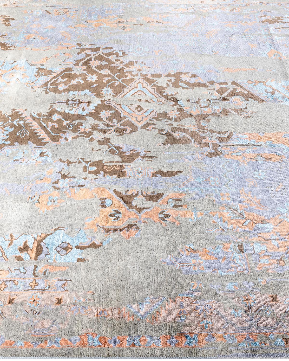 Ikat Tradicional Alfombra de Seda y Lana Abstracta Anudada a Mano Gris 8' 1