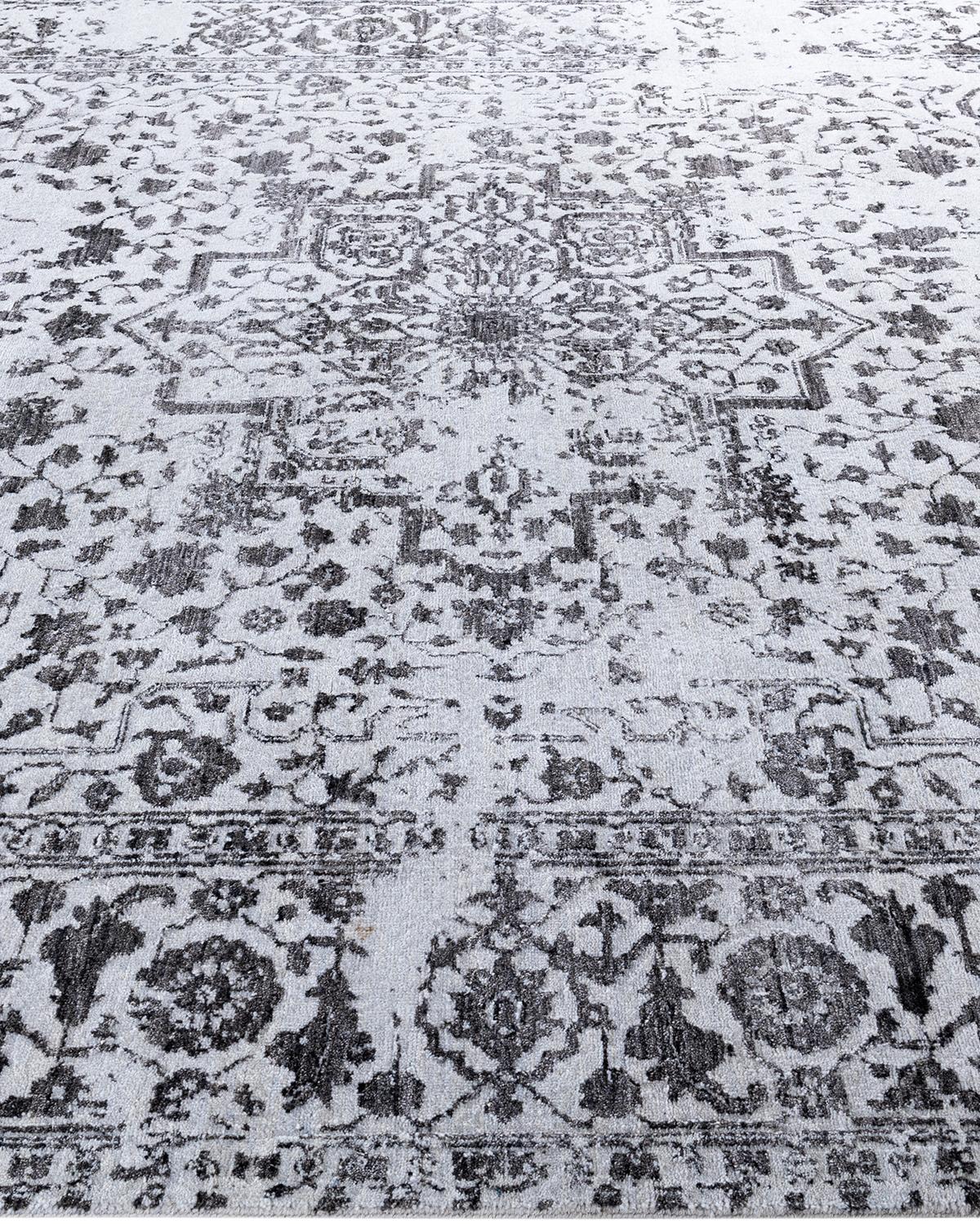 Traditionnel Ikat Abstrait Soie et Laine Noué à la main Tapis gris 8' 1