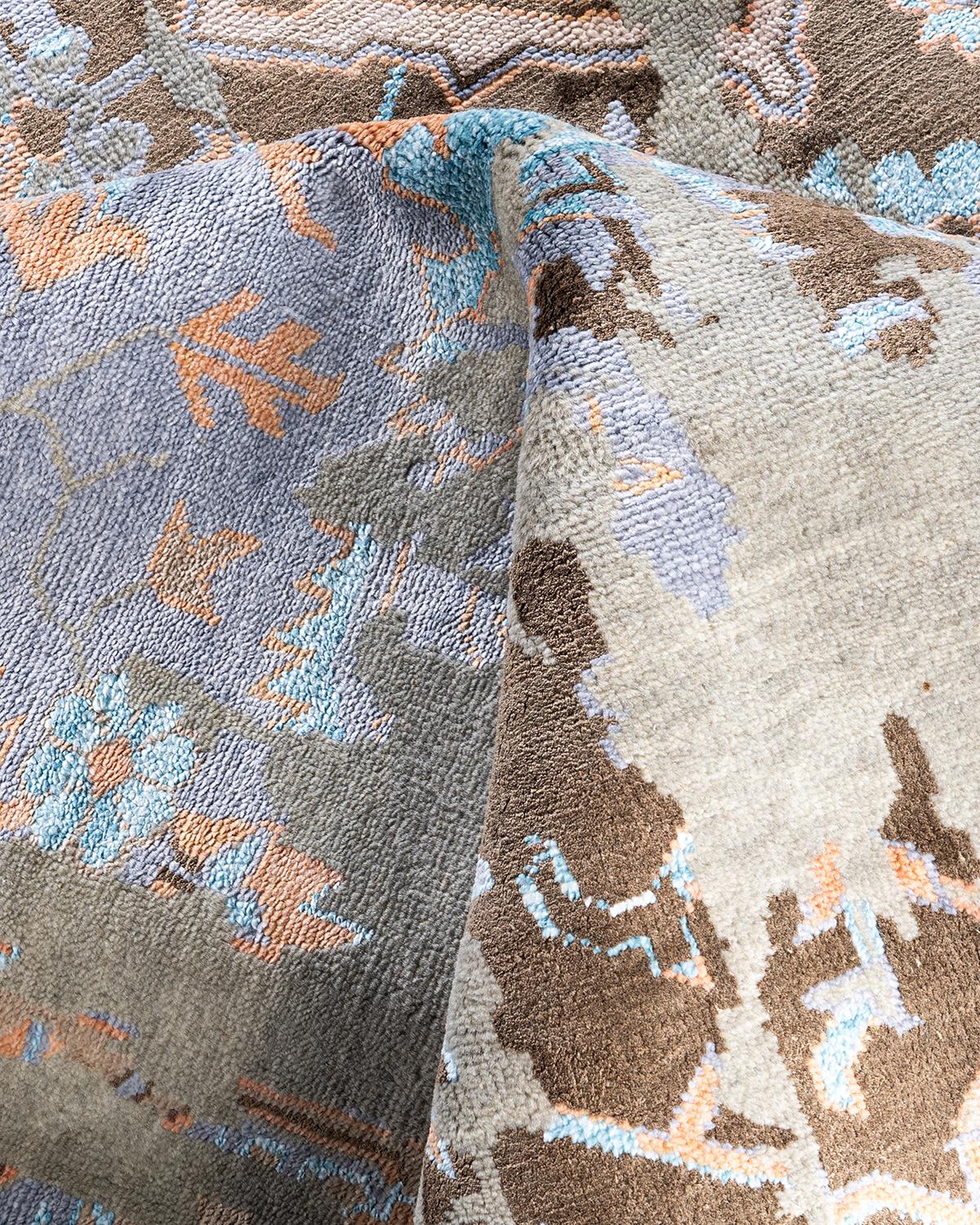 Ikat Tradicional Alfombra de Seda y Lana Abstracta Anudada a Mano Gris 8' 1