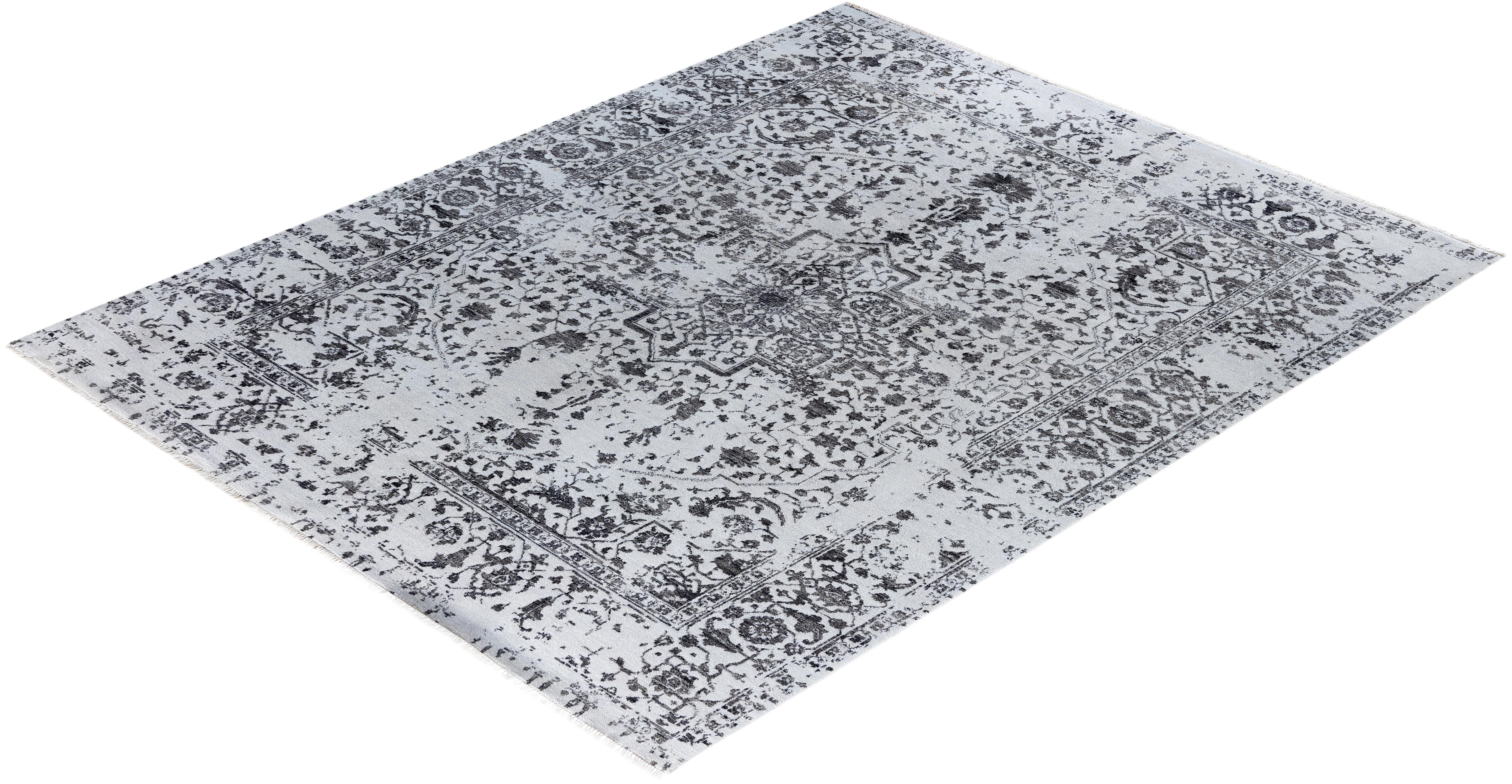Traditionnel Ikat Abstrait Soie et Laine Noué à la main Tapis gris 8' 1