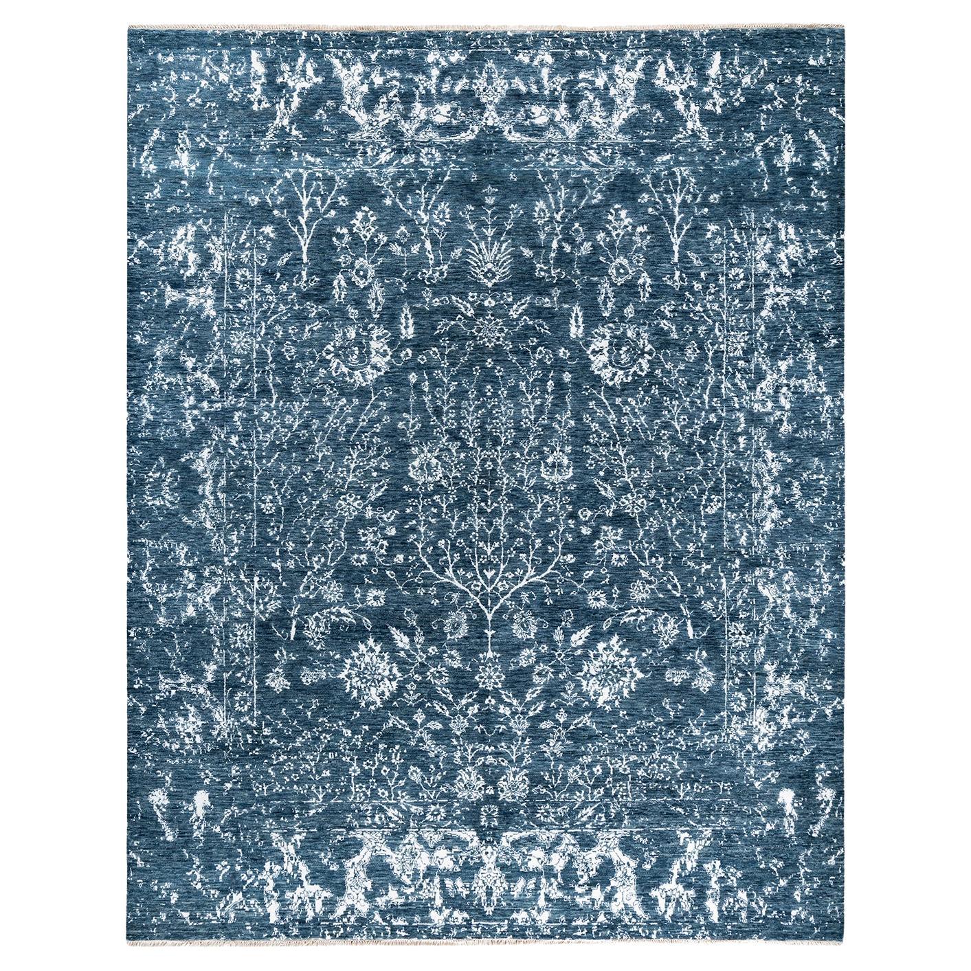 Traditioneller handgeknüpfter abstrakter Ikat-Teppich aus Seide und Wolle in Grau, 8' 1" x 10' 2"