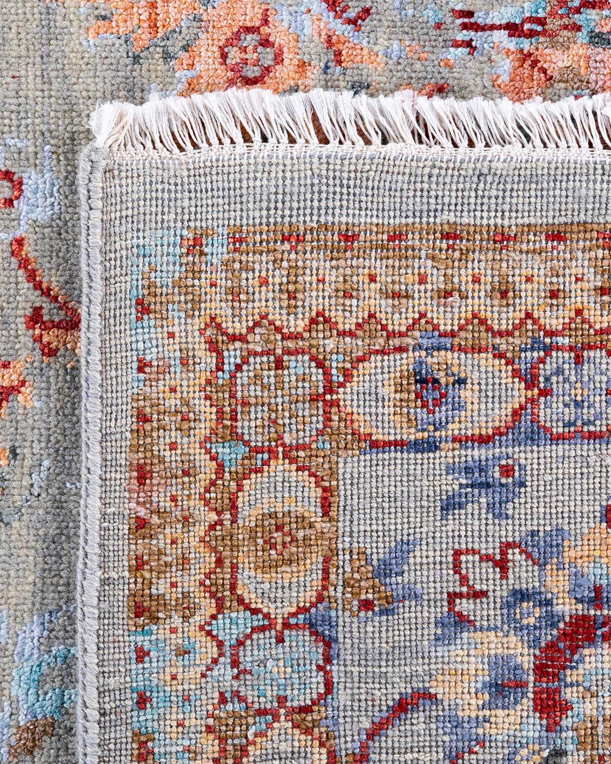 Tappeto tradizionale Ikat annodato a mano in seta e lana grigia 8' 1