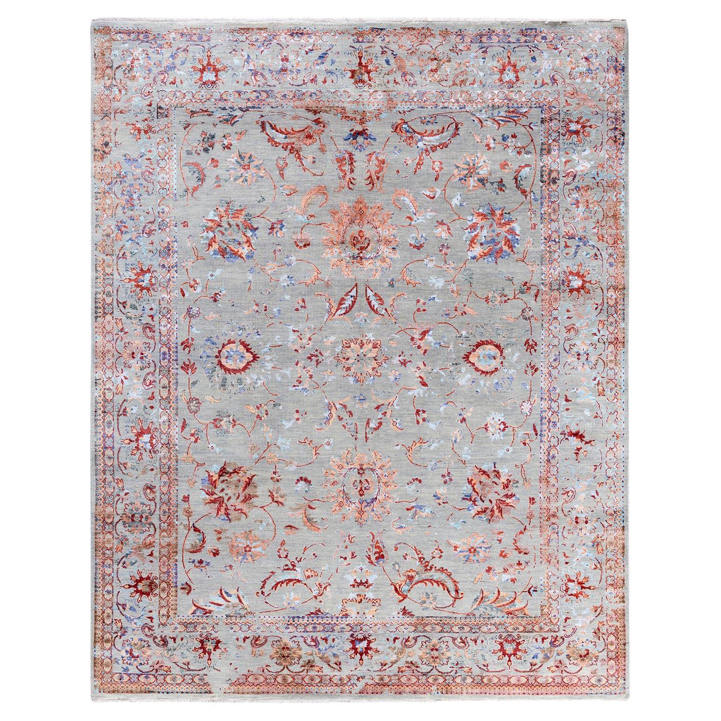 Tappeto tradizionale Ikat annodato a mano in seta e lana grigia 8' 1" x 10' 3"