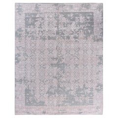 Tapis traditionnel Ikat abstrait noué à la main en soie et laine grise 8' 1" x 10' 3"