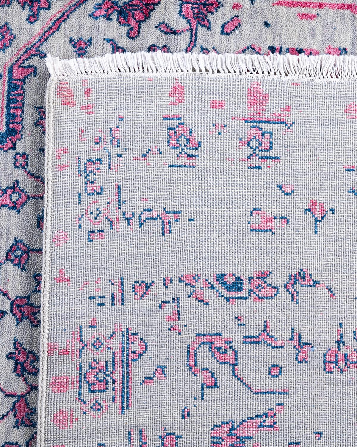 Tappeto tradizionale Ikat annodato a mano in seta e lana grigia 8' 1