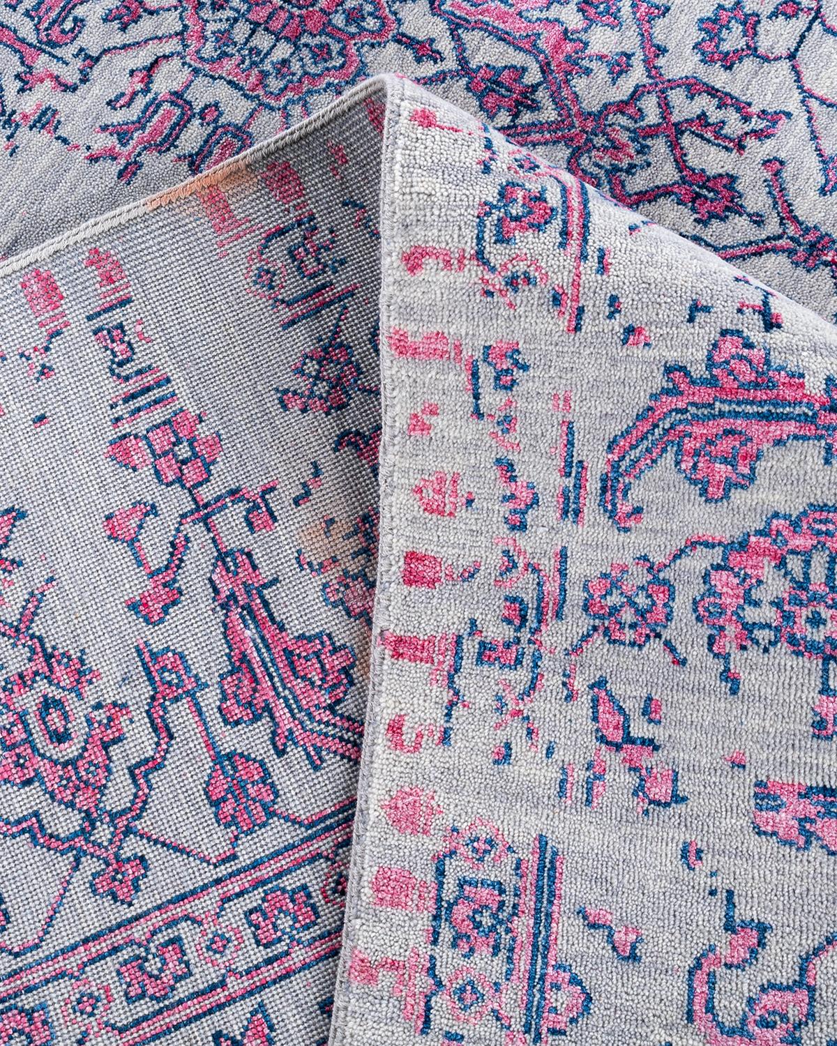 XXI secolo e contemporaneo Tappeto tradizionale Ikat annodato a mano in seta e lana grigia 8' 1