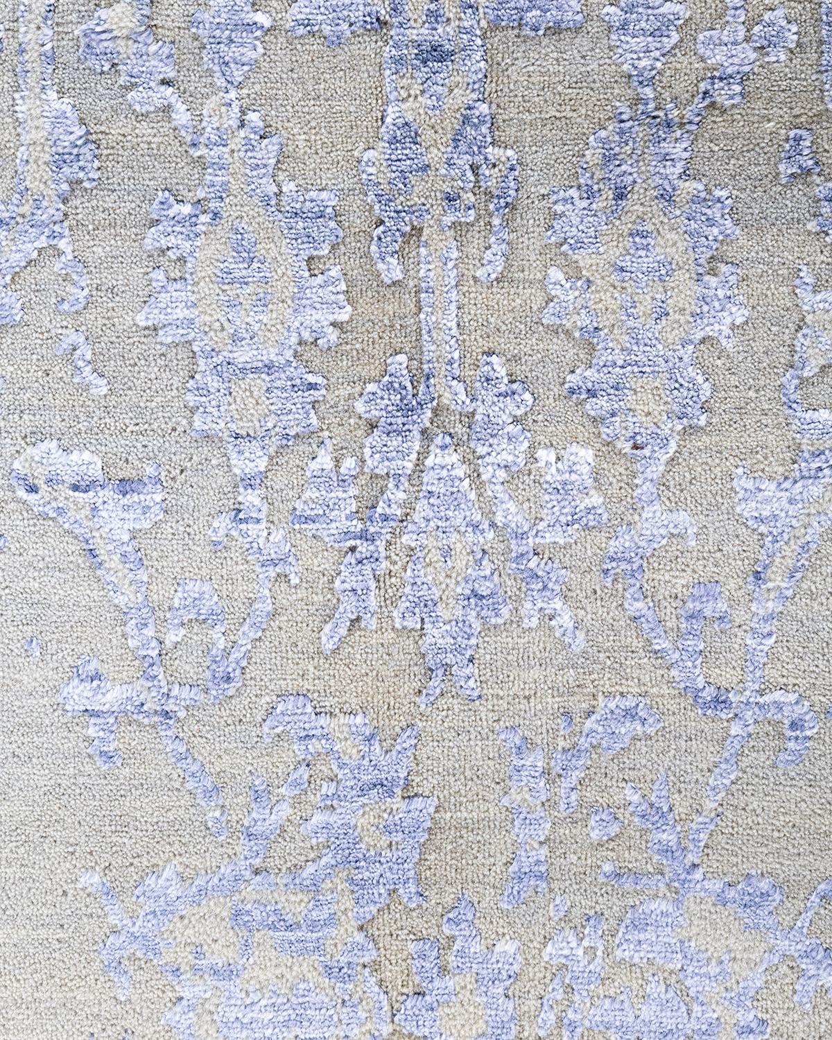 Traditioneller handgeknüpfter abstrakter Ikat-Teppich aus Seide und Wolle in Grau, 8' 1