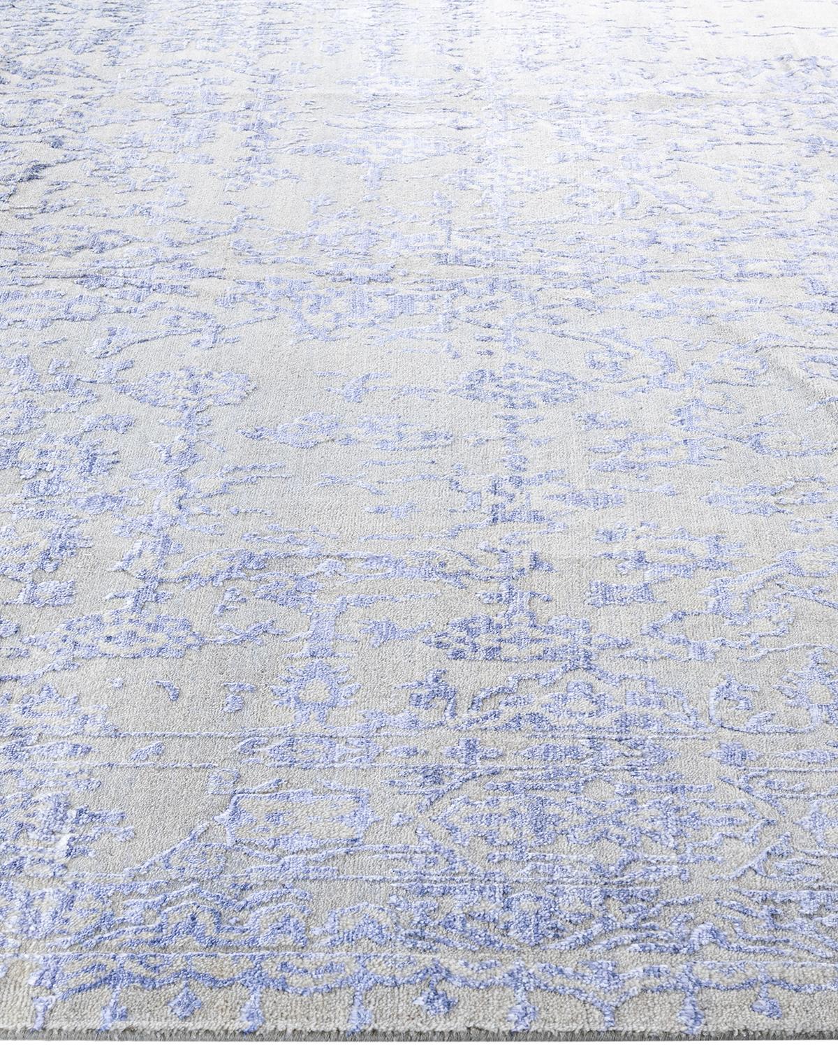 Traditioneller handgeknüpfter abstrakter Ikat-Teppich aus Seide und Wolle in Grau, 8' 1