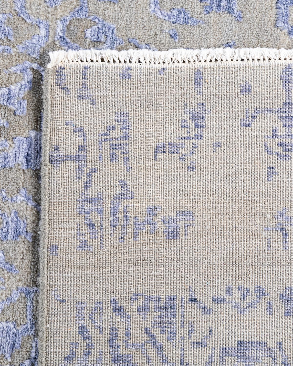 Traditioneller handgeknüpfter abstrakter Ikat-Teppich aus Seide und Wolle in Grau, 8' 1