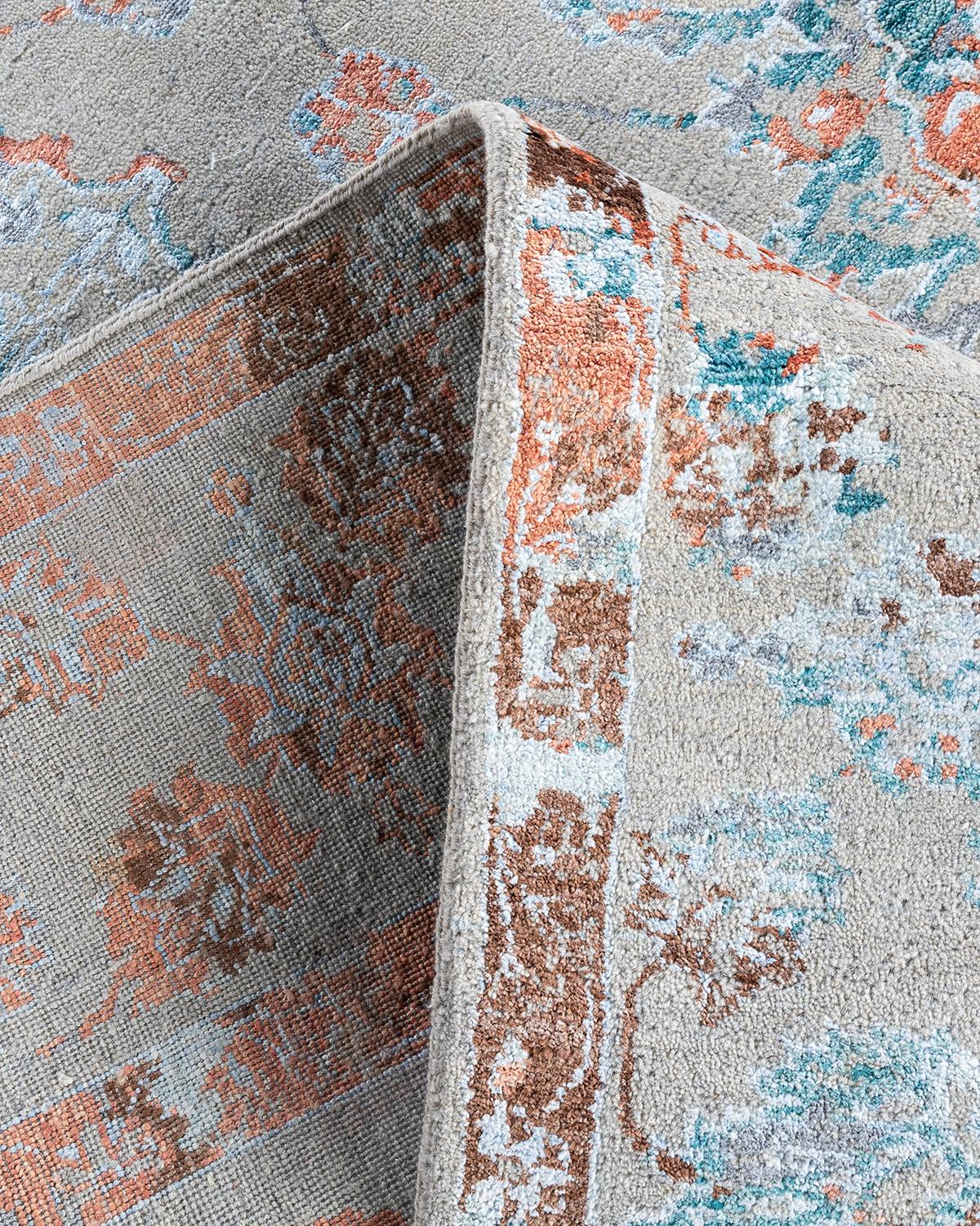 XXI secolo e contemporaneo Tappeto tradizionale Ikat annodato a mano in seta e lana grigia 8' 1