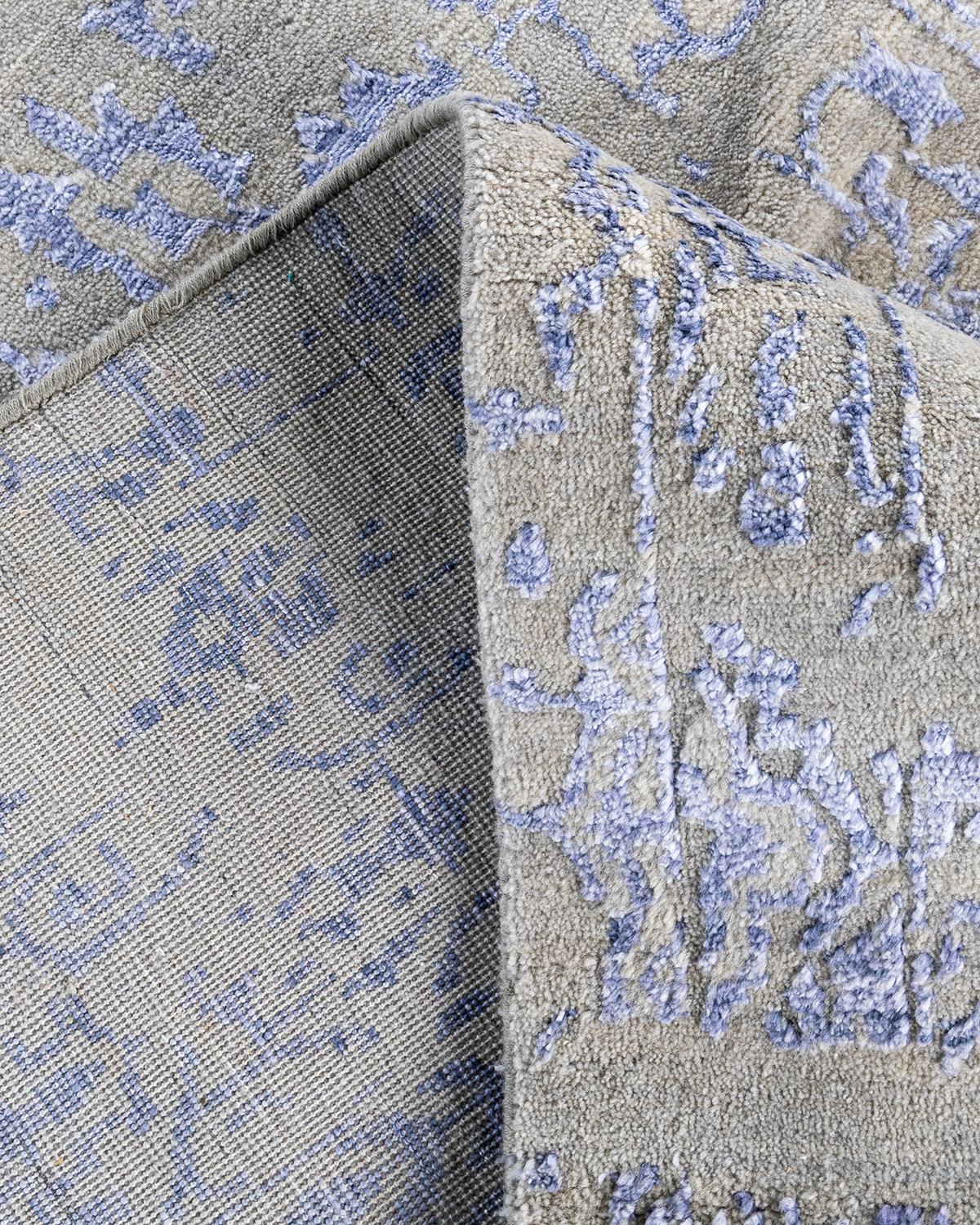 Traditioneller handgeknüpfter abstrakter Ikat-Teppich aus Seide und Wolle in Grau, 8' 1