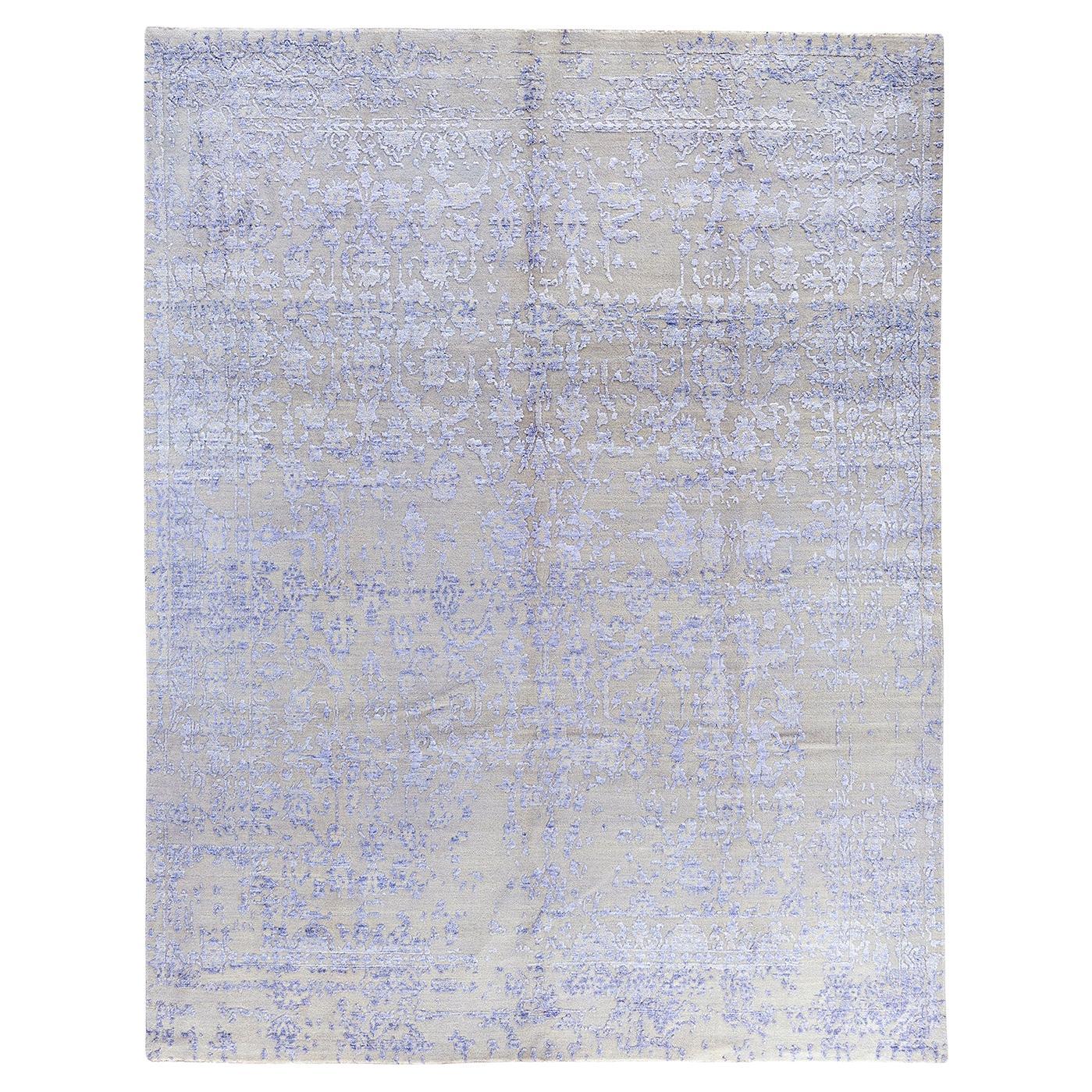 Traditioneller handgeknüpfter abstrakter Ikat-Teppich aus Seide und Wolle in Grau, 8' 1" x 10' 5"