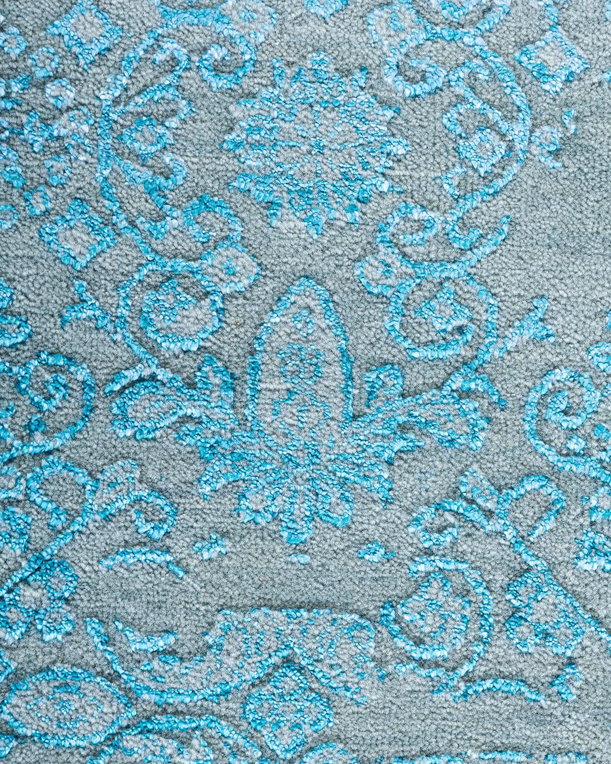 Traditioneller handgeknüpfter abstrakter Ikat-Teppich aus Seide und Wolle in Grau, 8' 1