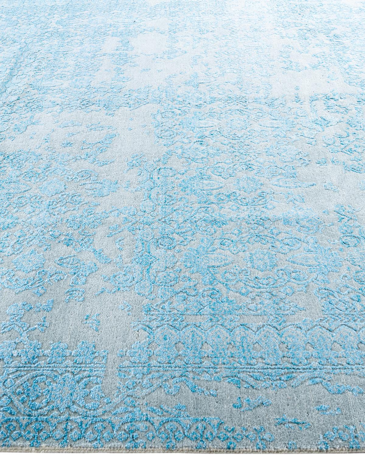Traditioneller handgeknüpfter abstrakter Ikat-Teppich aus Seide und Wolle in Grau, 8' 1