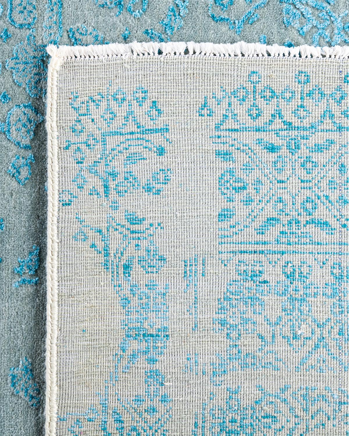 Traditioneller handgeknüpfter abstrakter Ikat-Teppich aus Seide und Wolle in Grau, 8' 1