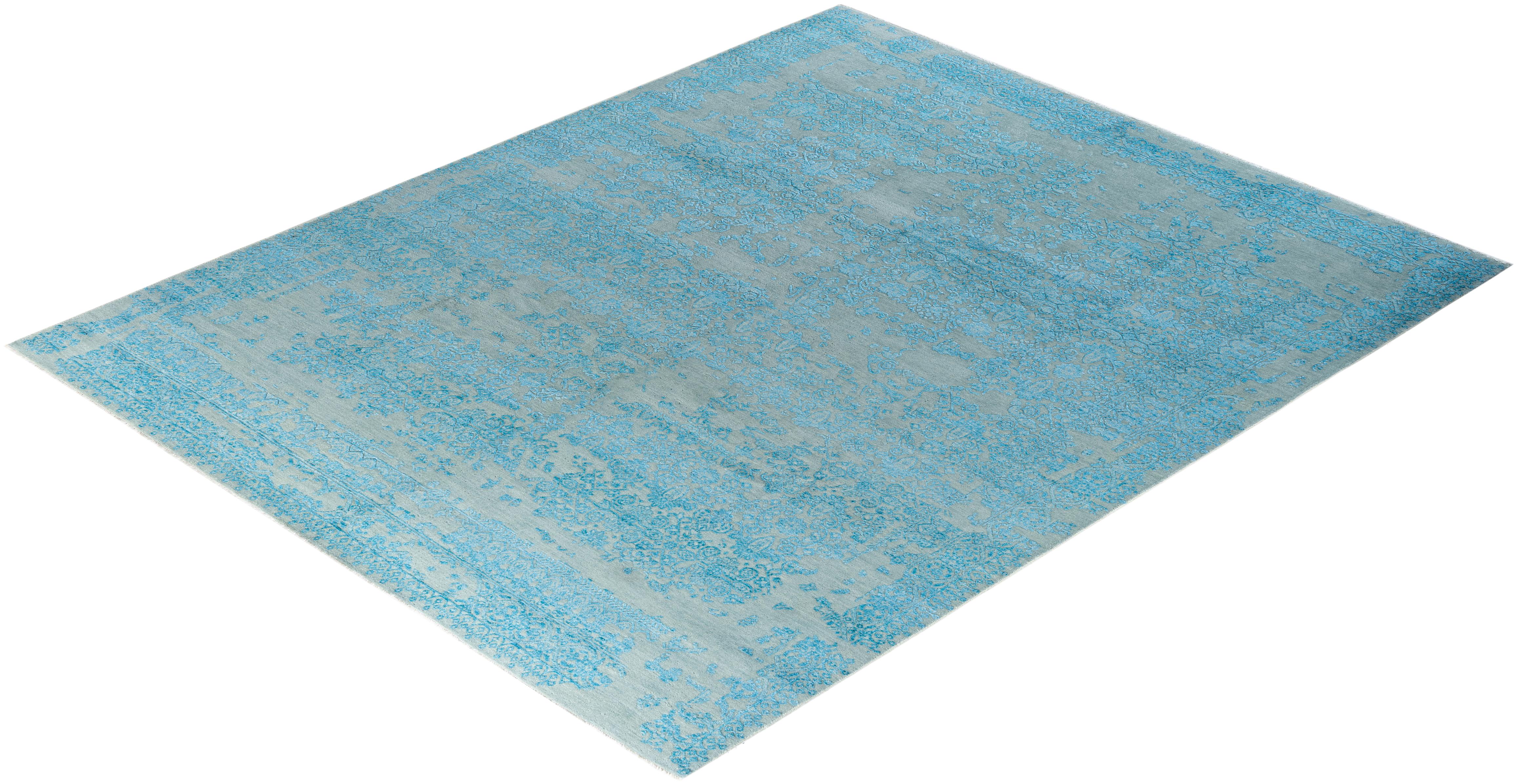 Traditioneller handgeknüpfter abstrakter Ikat-Teppich aus Seide und Wolle in Grau, 8' 1