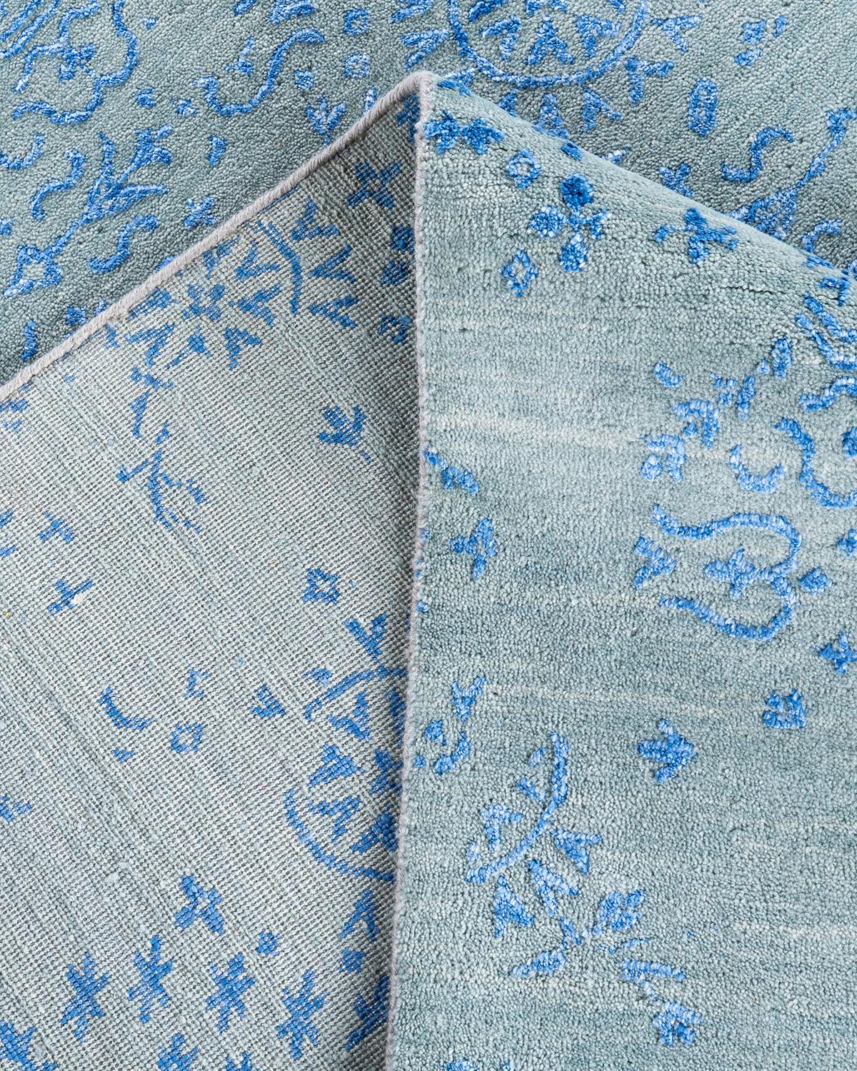Traditioneller handgeknüpfter abstrakter Ikat-Teppich aus Seide und Wolle in Grau, 8' 10