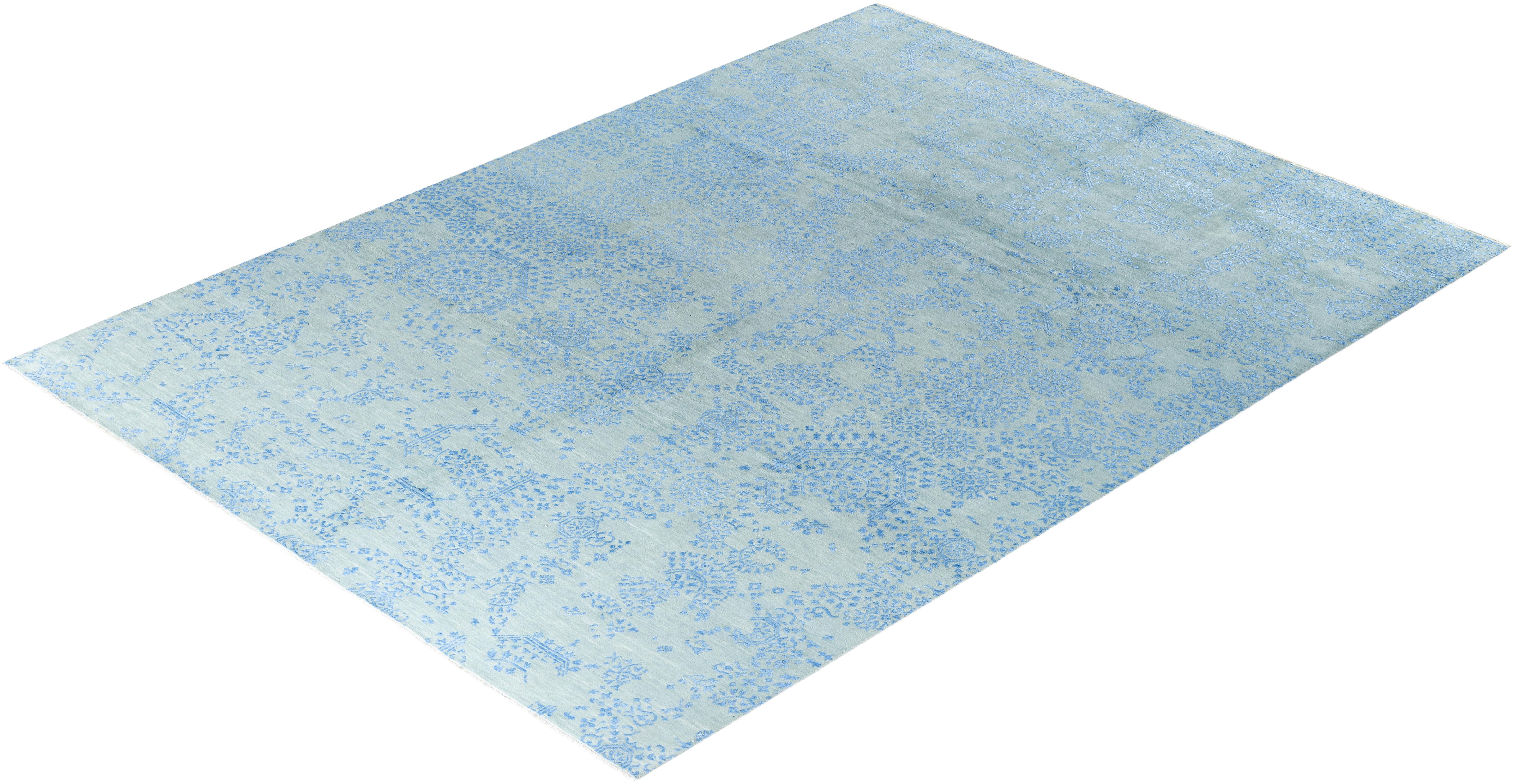 Traditioneller handgeknüpfter abstrakter Ikat-Teppich aus Seide und Wolle in Grau, 8' 10