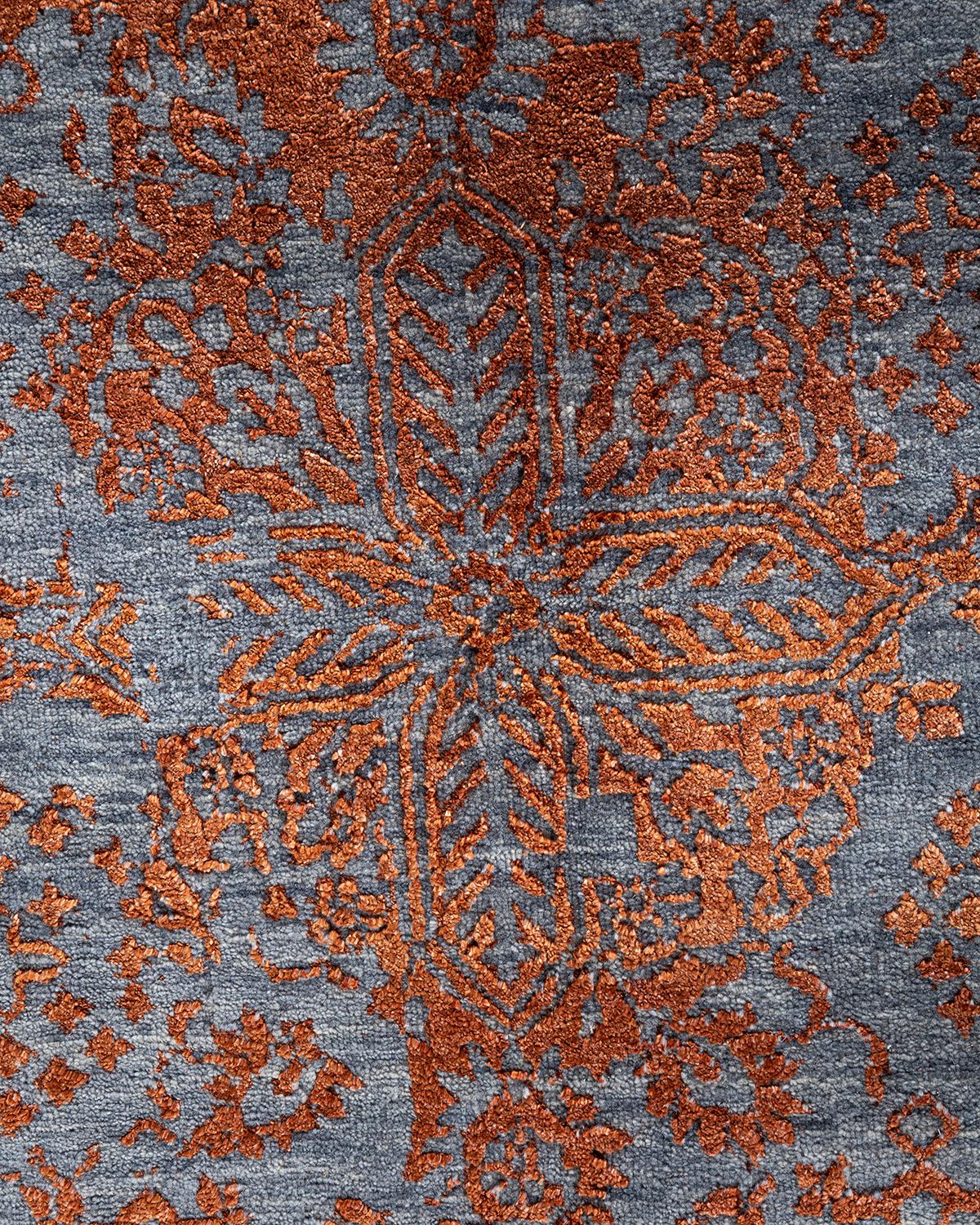 Indiano Tappeto tradizionale Ikat annodato a mano in seta e lana grigia 8' 10
