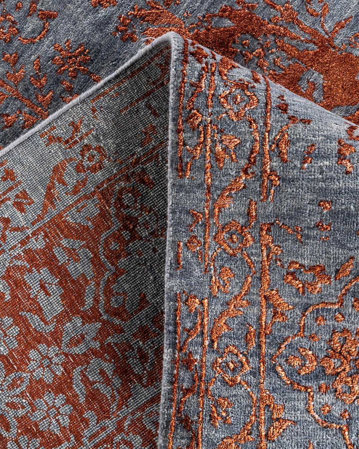 XXI secolo e contemporaneo Tappeto tradizionale Ikat annodato a mano in seta e lana grigia 8' 10