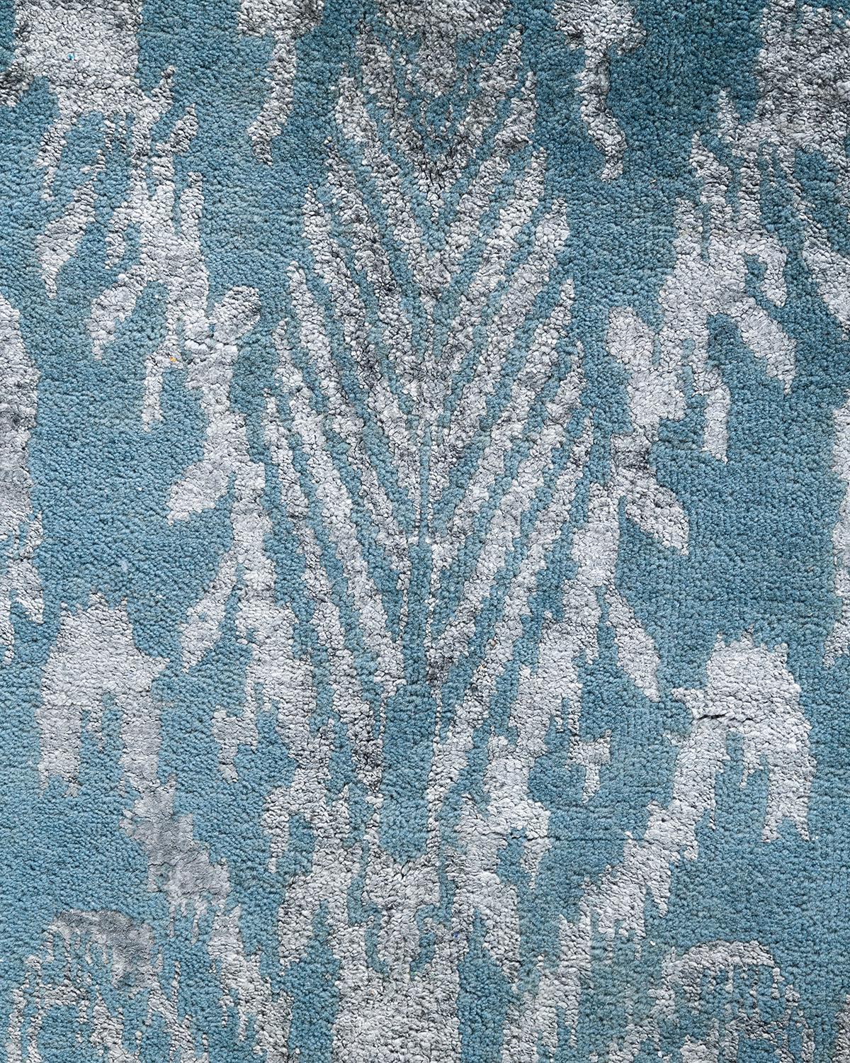 Indien Tapis traditionnel Ikat abstrait noué à la main en soie et laine grise 8' 10