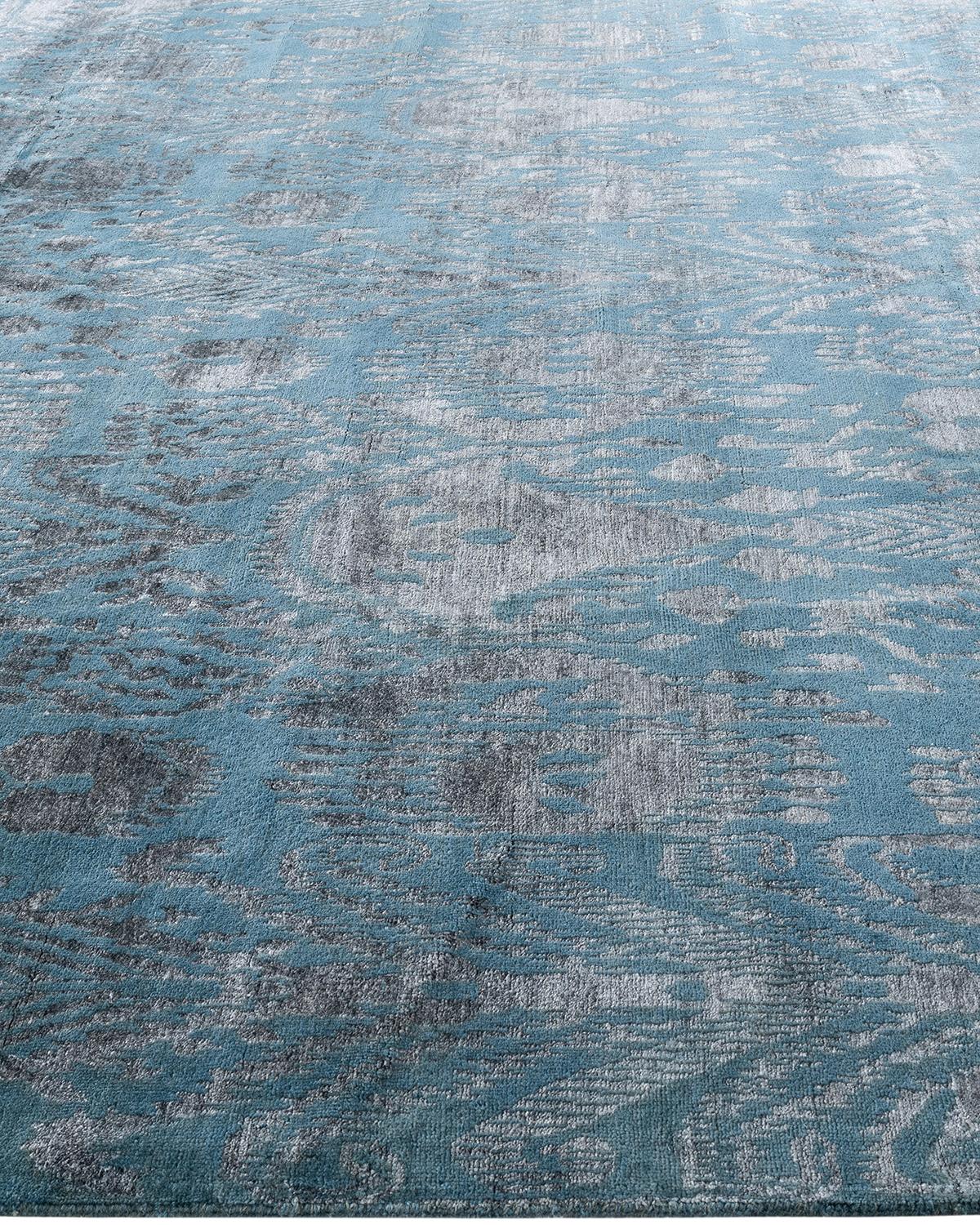 Noué à la main Tapis traditionnel Ikat abstrait noué à la main en soie et laine grise 8' 10