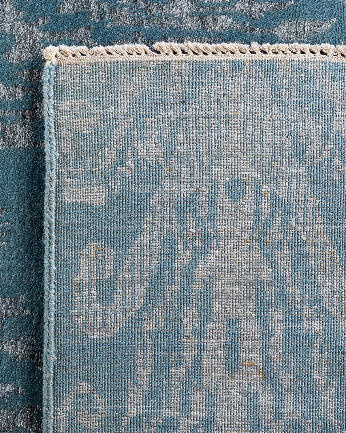 Tapis traditionnel Ikat abstrait noué à la main en soie et laine grise 8' 10