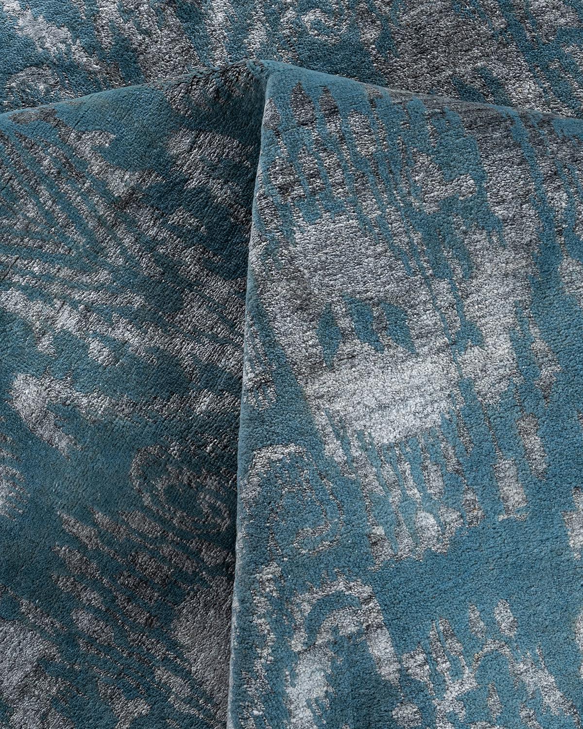 Laine Tapis traditionnel Ikat abstrait noué à la main en soie et laine grise 8' 10