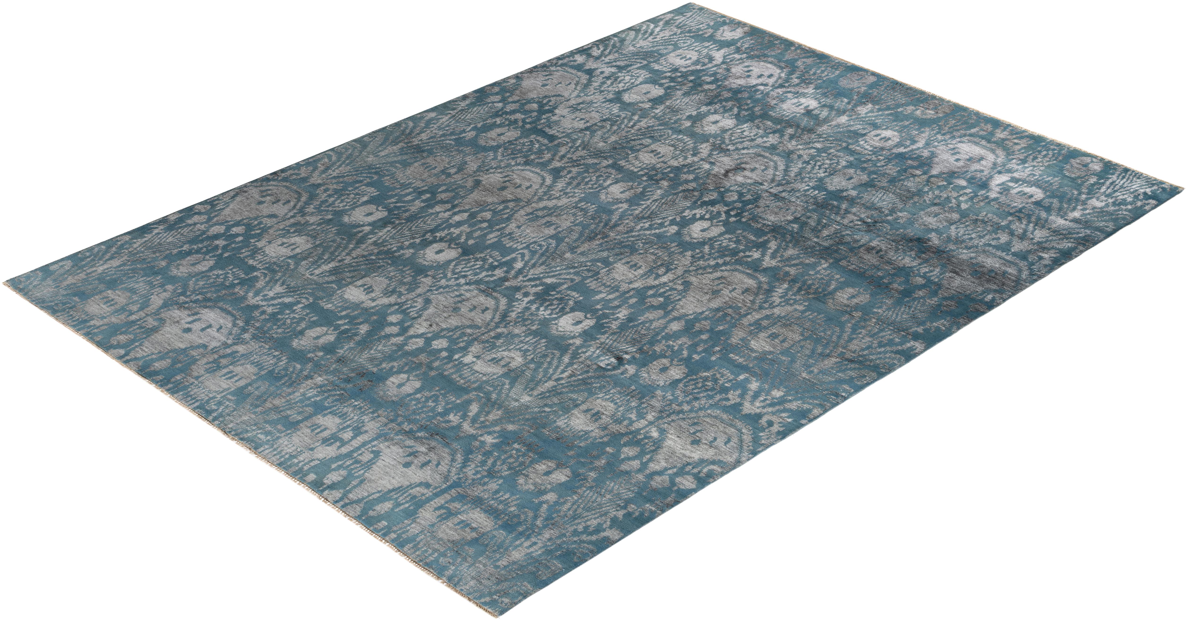 Tapis traditionnel Ikat abstrait noué à la main en soie et laine grise 8' 10