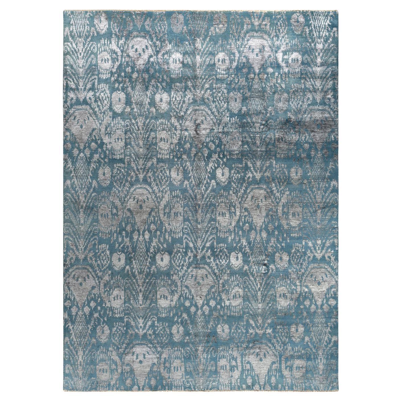 Tapis traditionnel Ikat abstrait noué à la main en soie et laine grise 8' 10" x 12' 3"