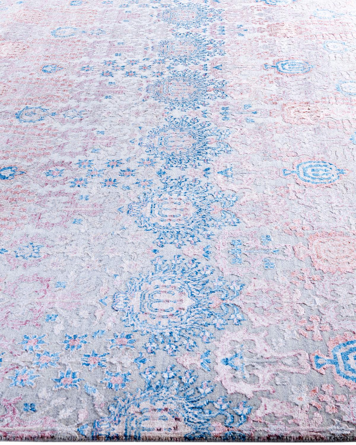 Traditioneller handgeknüpfter abstrakter Ikat-Teppich aus Seide und Wolle in Grau, 8' 2