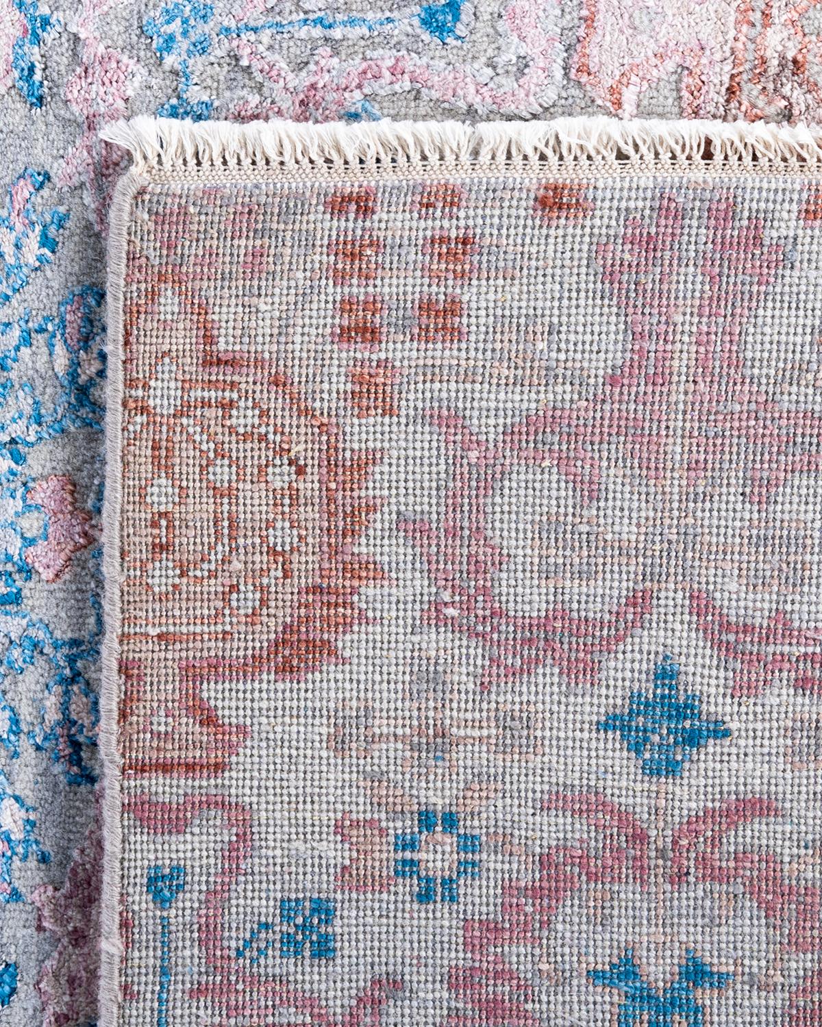 Traditioneller handgeknüpfter abstrakter Ikat-Teppich aus Seide und Wolle in Grau, 8' 2