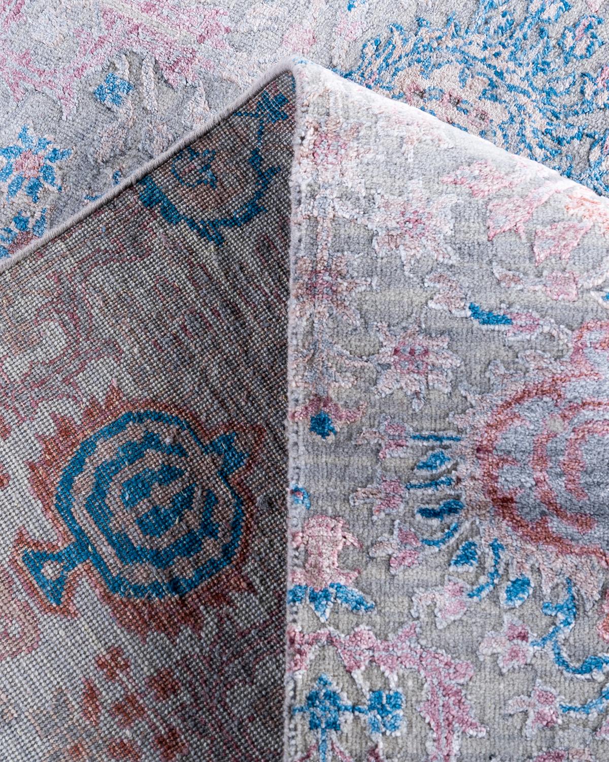 Traditioneller handgeknüpfter abstrakter Ikat-Teppich aus Seide und Wolle in Grau, 8' 2