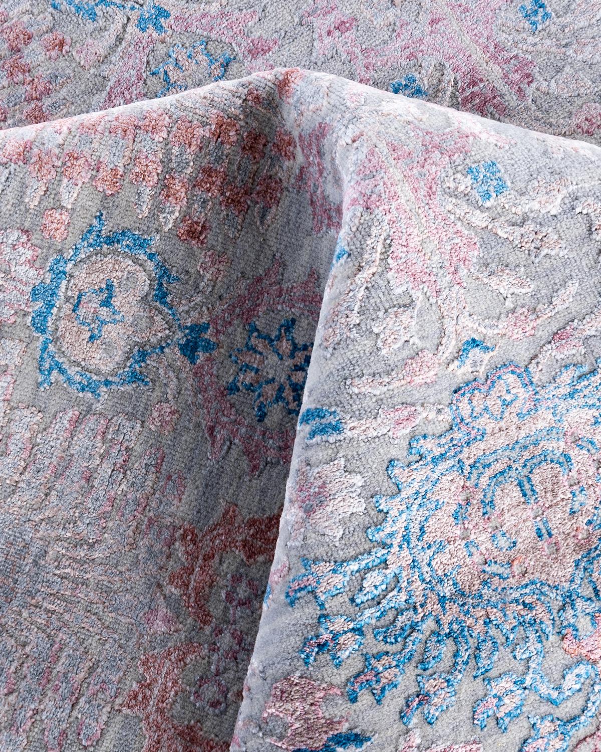 Traditioneller handgeknüpfter abstrakter Ikat-Teppich aus Seide und Wolle in Grau, 8' 2