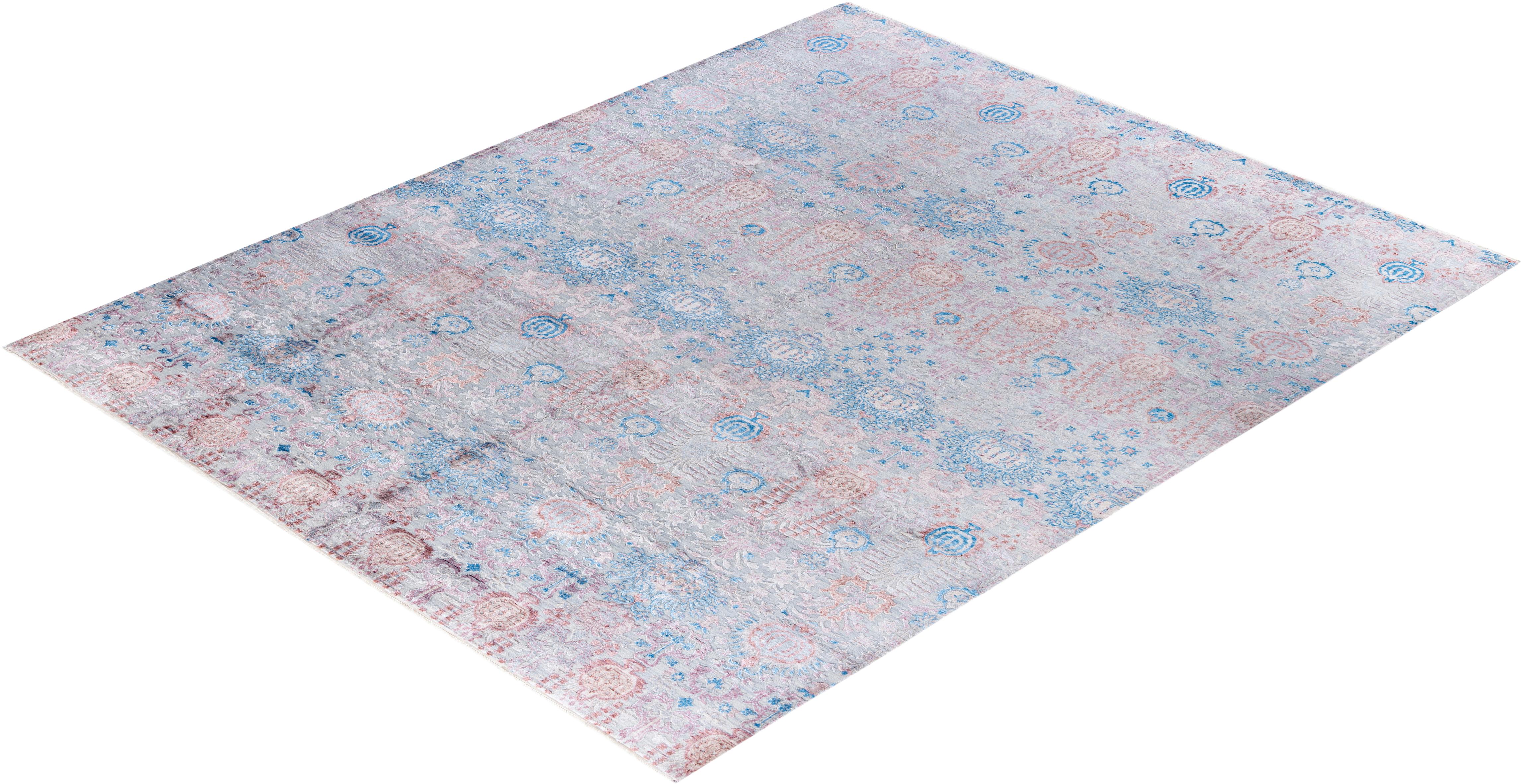 Traditioneller handgeknüpfter abstrakter Ikat-Teppich aus Seide und Wolle in Grau, 8' 2
