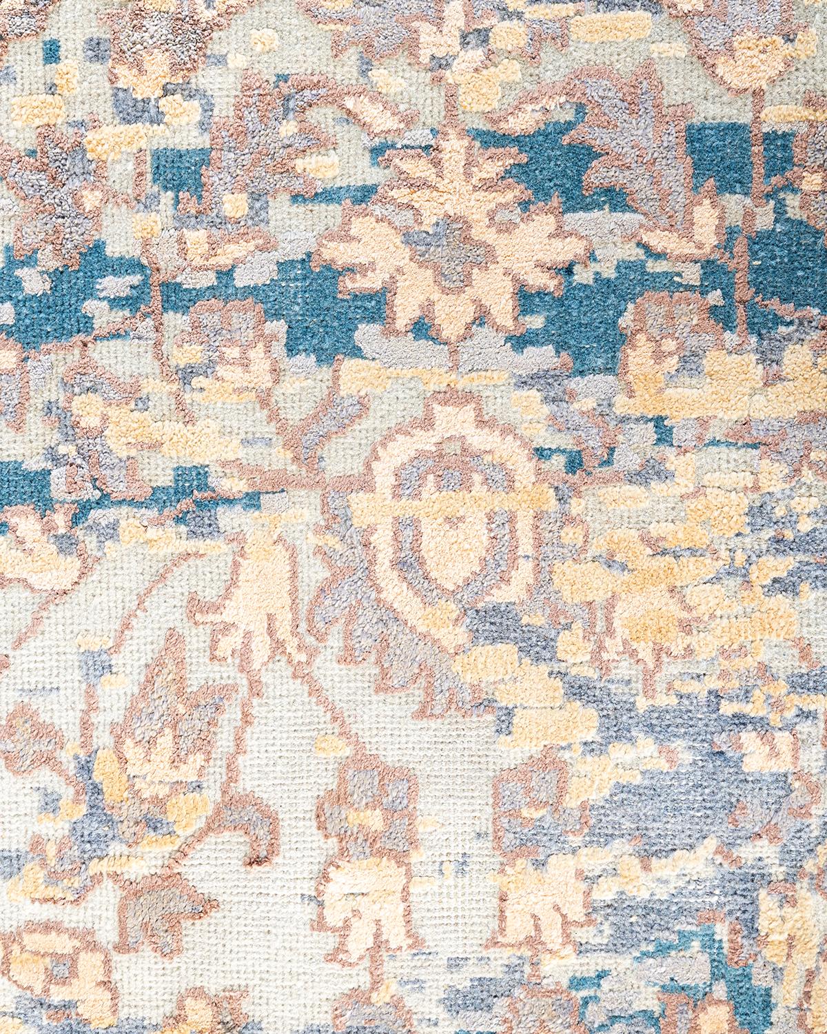 Indiano Tappeto tradizionale Ikat annodato a mano in seta astratta e lana, grigio, 8' 2