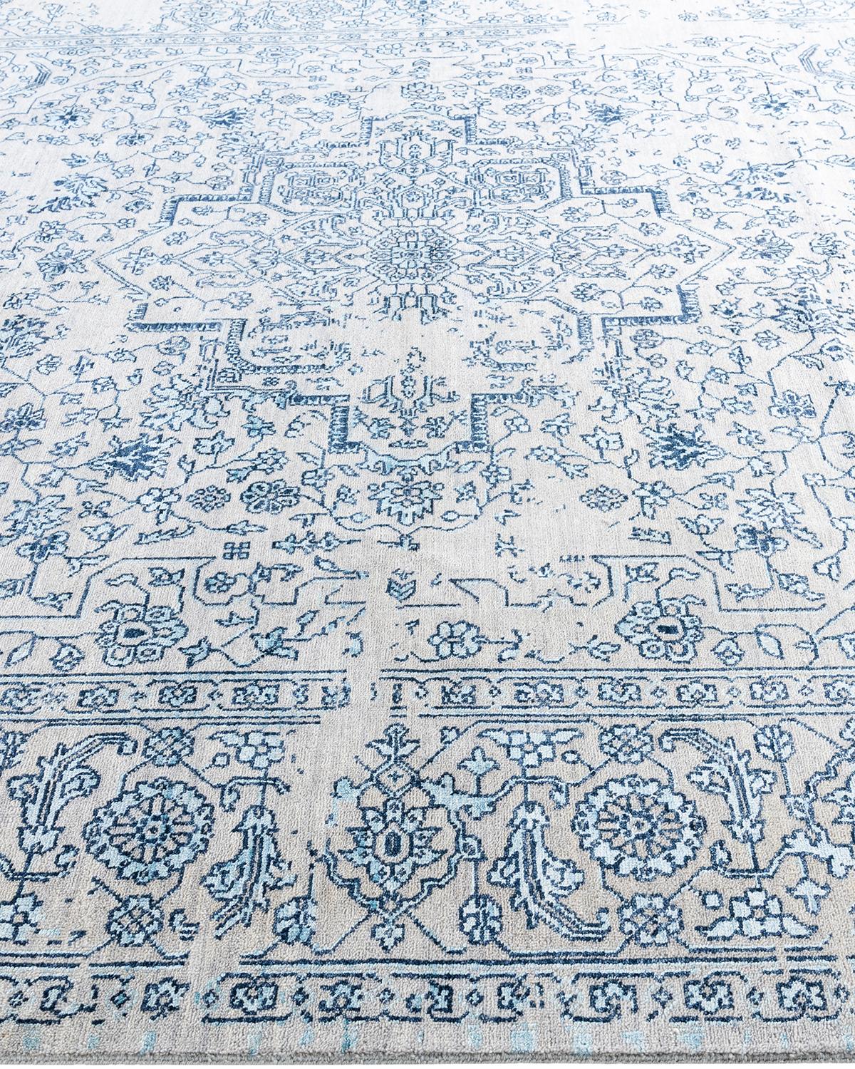Traditioneller handgeknüpfter abstrakter Ikat-Teppich aus Seide und Wolle in Grau, 8' 2
