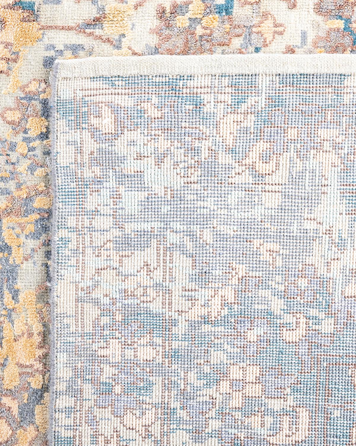 Tappeto tradizionale Ikat annodato a mano in seta astratta e lana, grigio, 8' 2