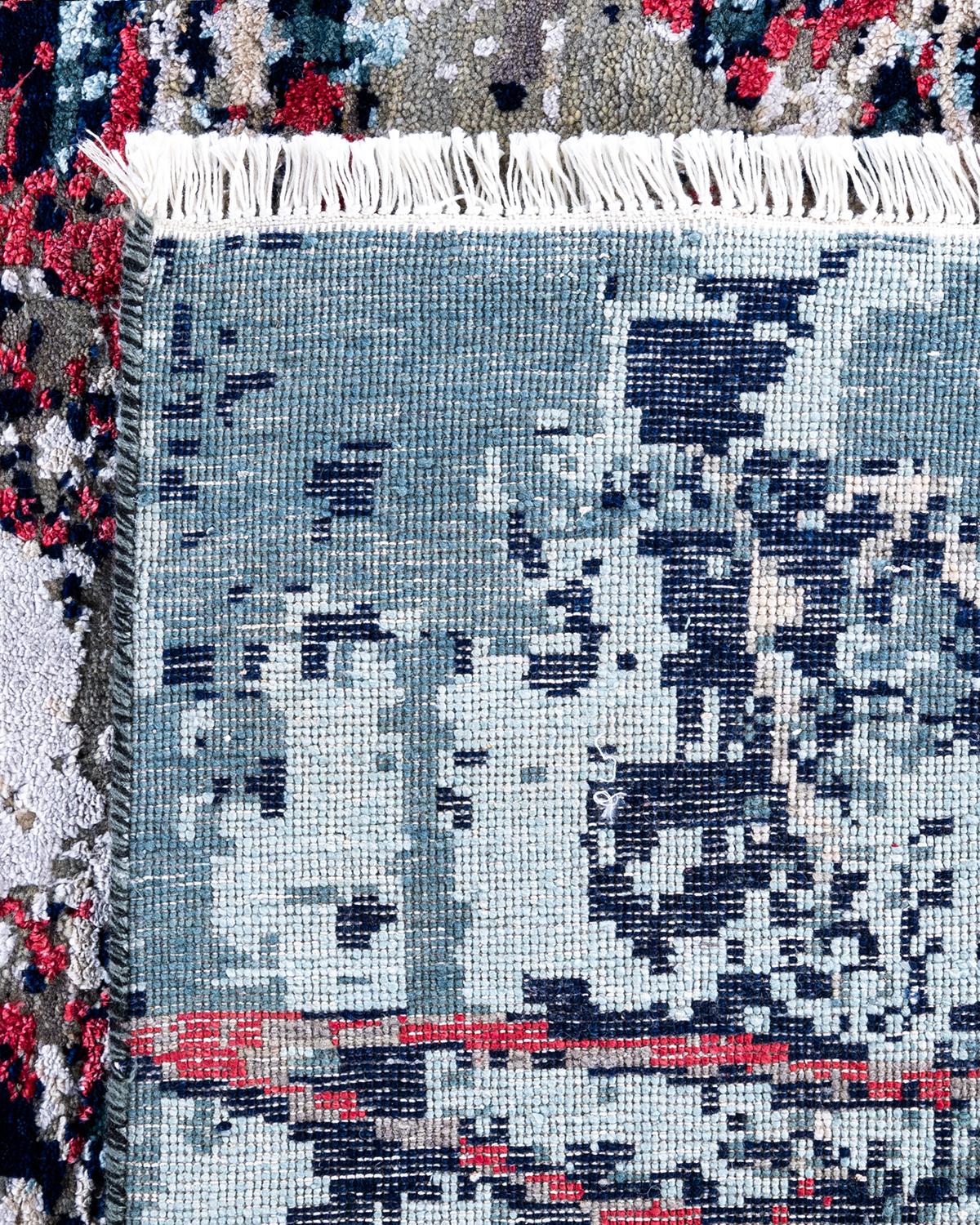 Traditioneller handgeknüpfter abstrakter Ikat-Teppich aus Seide und Wolle in Grau, 8' 2