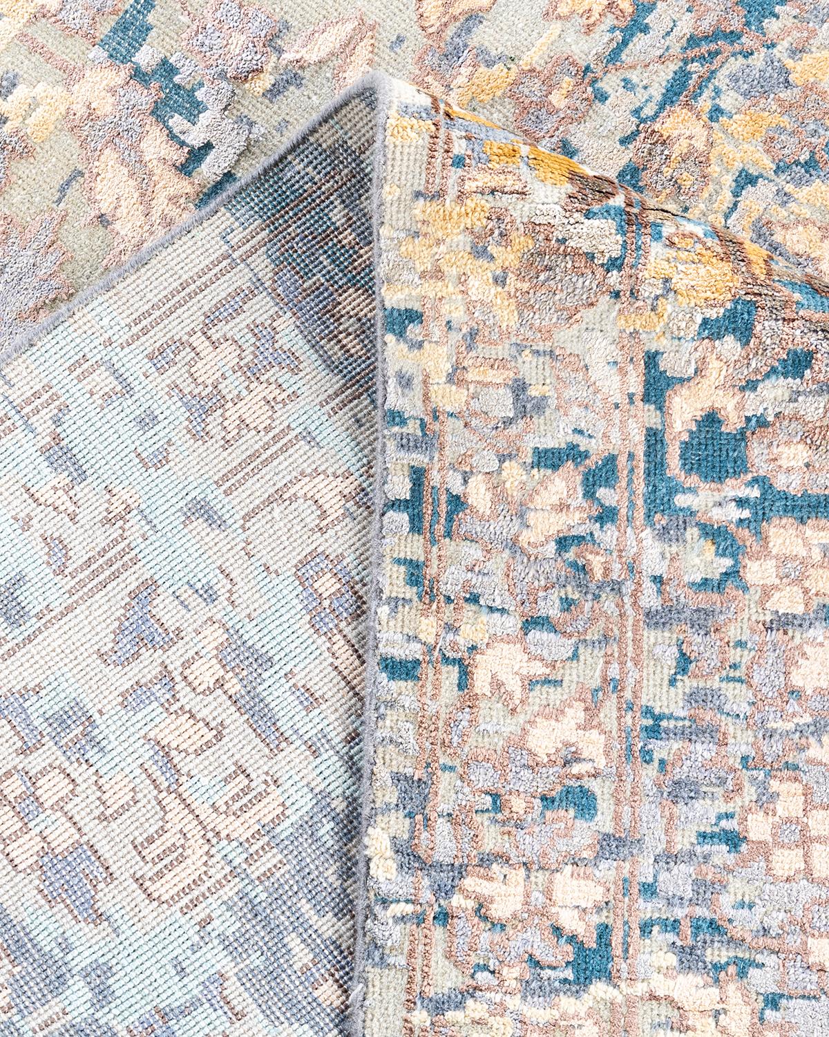 XXI secolo e contemporaneo Tappeto tradizionale Ikat annodato a mano in seta astratta e lana, grigio, 8' 2