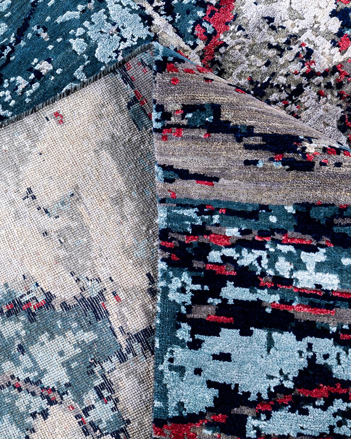 Traditioneller handgeknüpfter abstrakter Ikat-Teppich aus Seide und Wolle in Grau, 8' 2