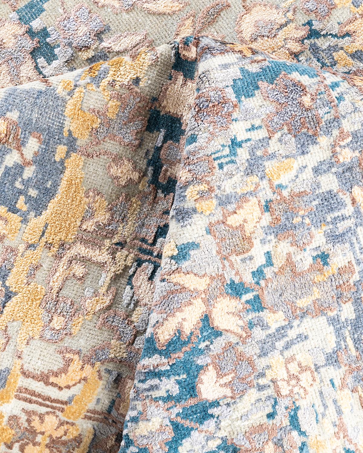 Lana Tappeto tradizionale Ikat annodato a mano in seta astratta e lana, grigio, 8' 2
