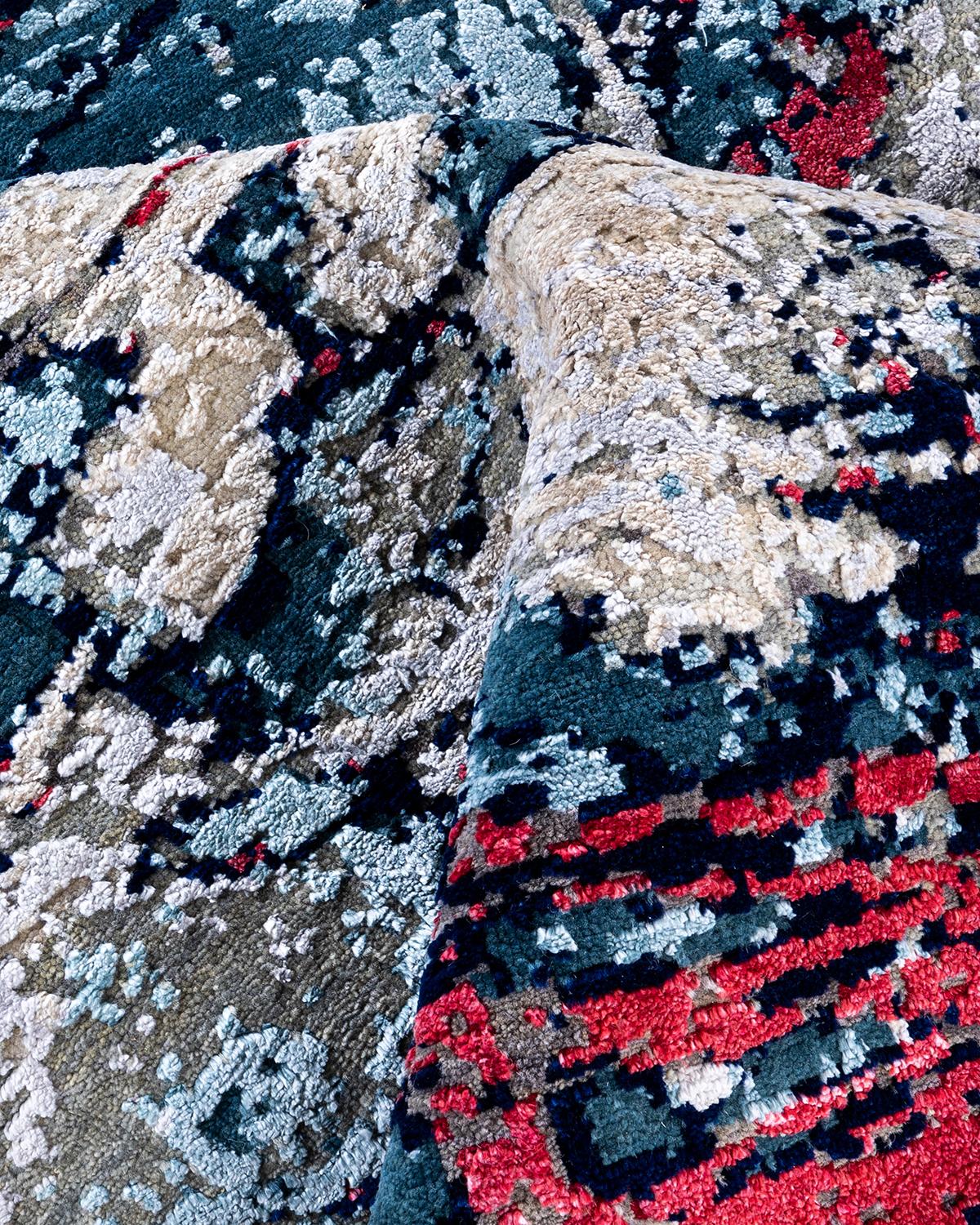 Traditioneller handgeknüpfter abstrakter Ikat-Teppich aus Seide und Wolle in Grau, 8' 2