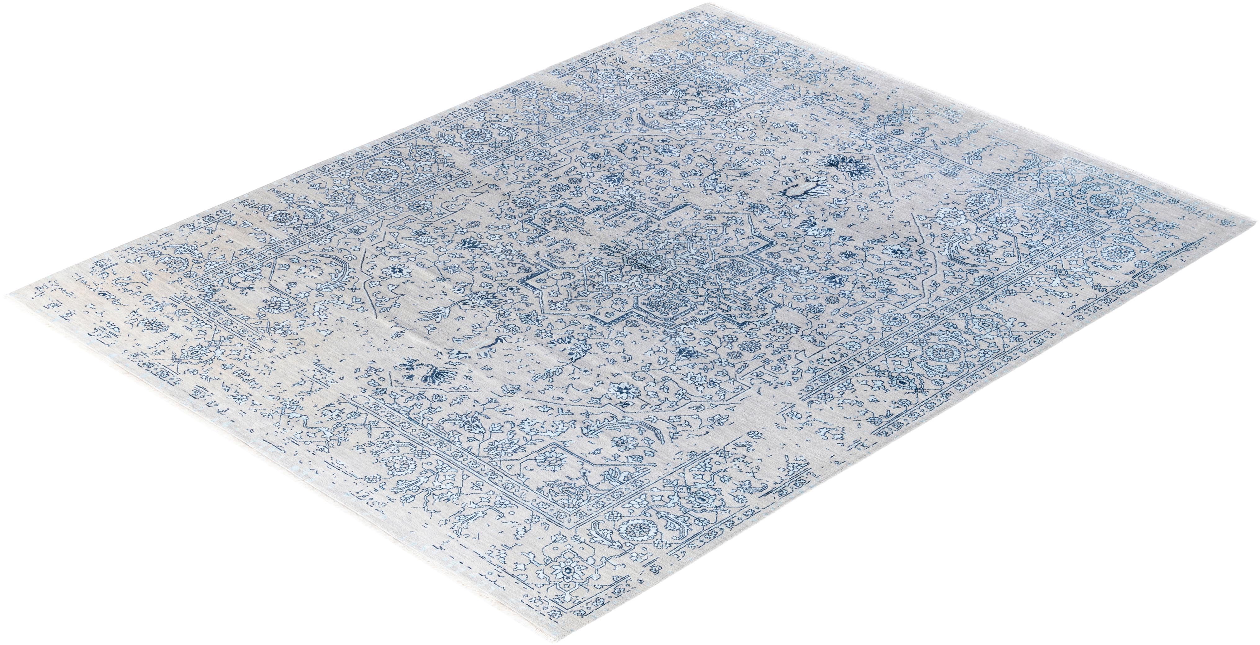 Traditioneller handgeknüpfter abstrakter Ikat-Teppich aus Seide und Wolle in Grau, 8' 2