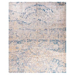 Traditioneller handgeknüpfter abstrakter Ikat-Teppich aus Seide und Wolle in Grau, 8' 2" x 10' 1"