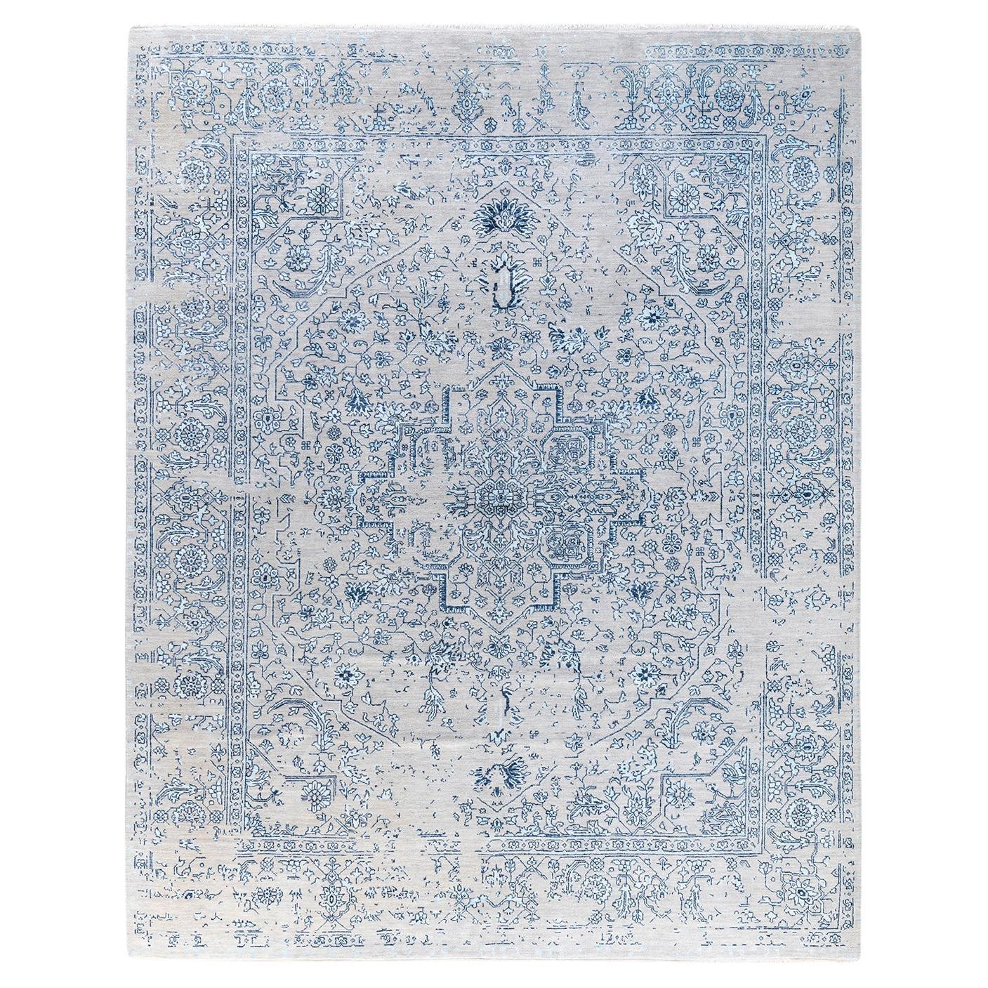 Tappeto tradizionale Ikat annodato a mano in seta astratta e lana, grigio, 8' 2" x 10' 1".