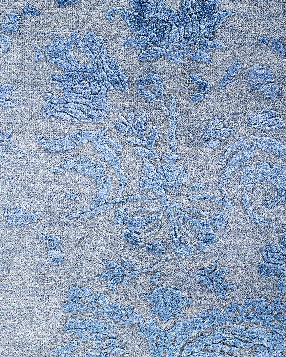 Traditioneller handgeknüpfter abstrakter Ikat-Teppich aus Seide und Wolle in Grau, 8' 2