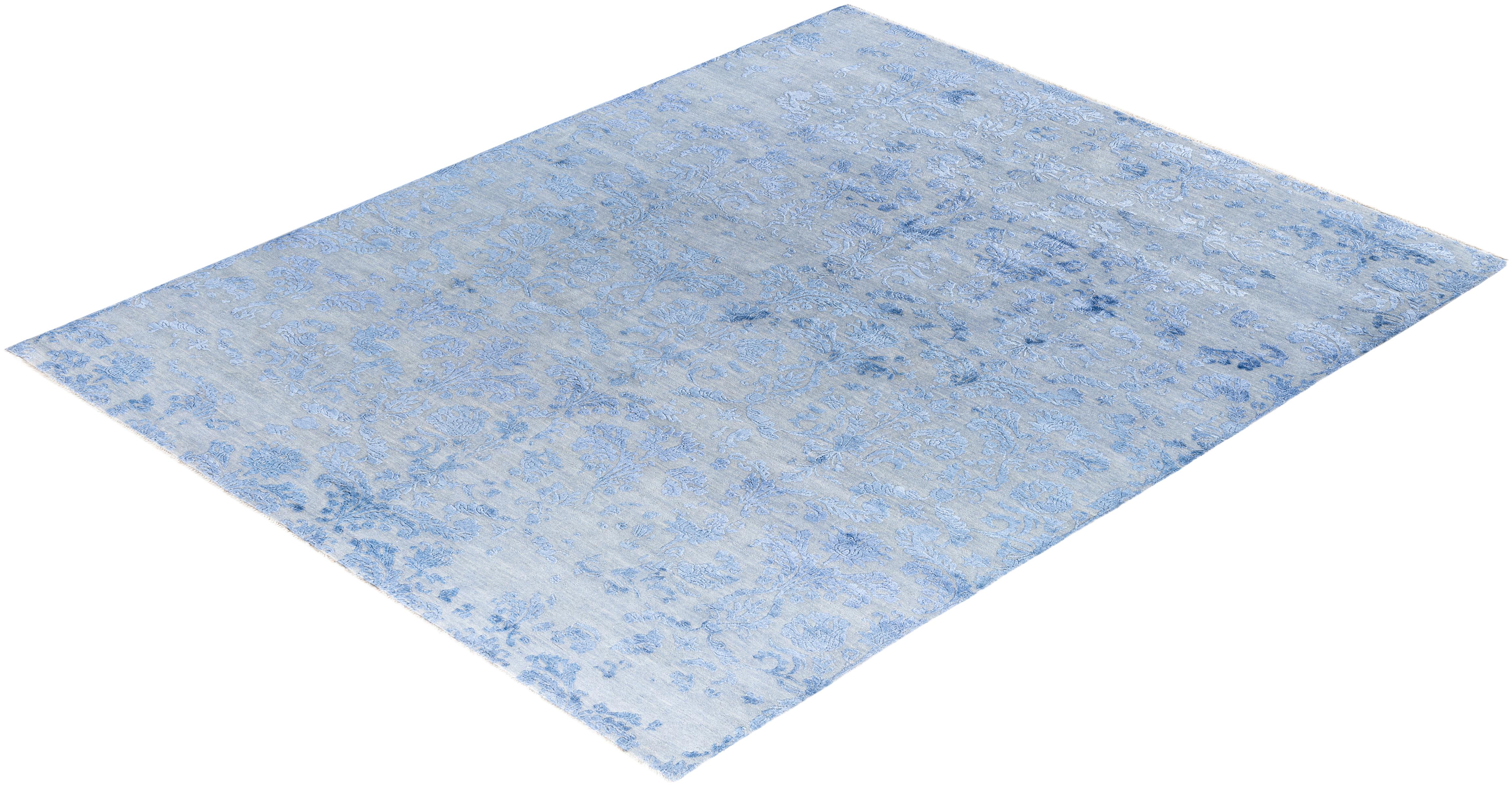 Traditioneller handgeknüpfter abstrakter Ikat-Teppich aus Seide und Wolle in Grau, 8' 2