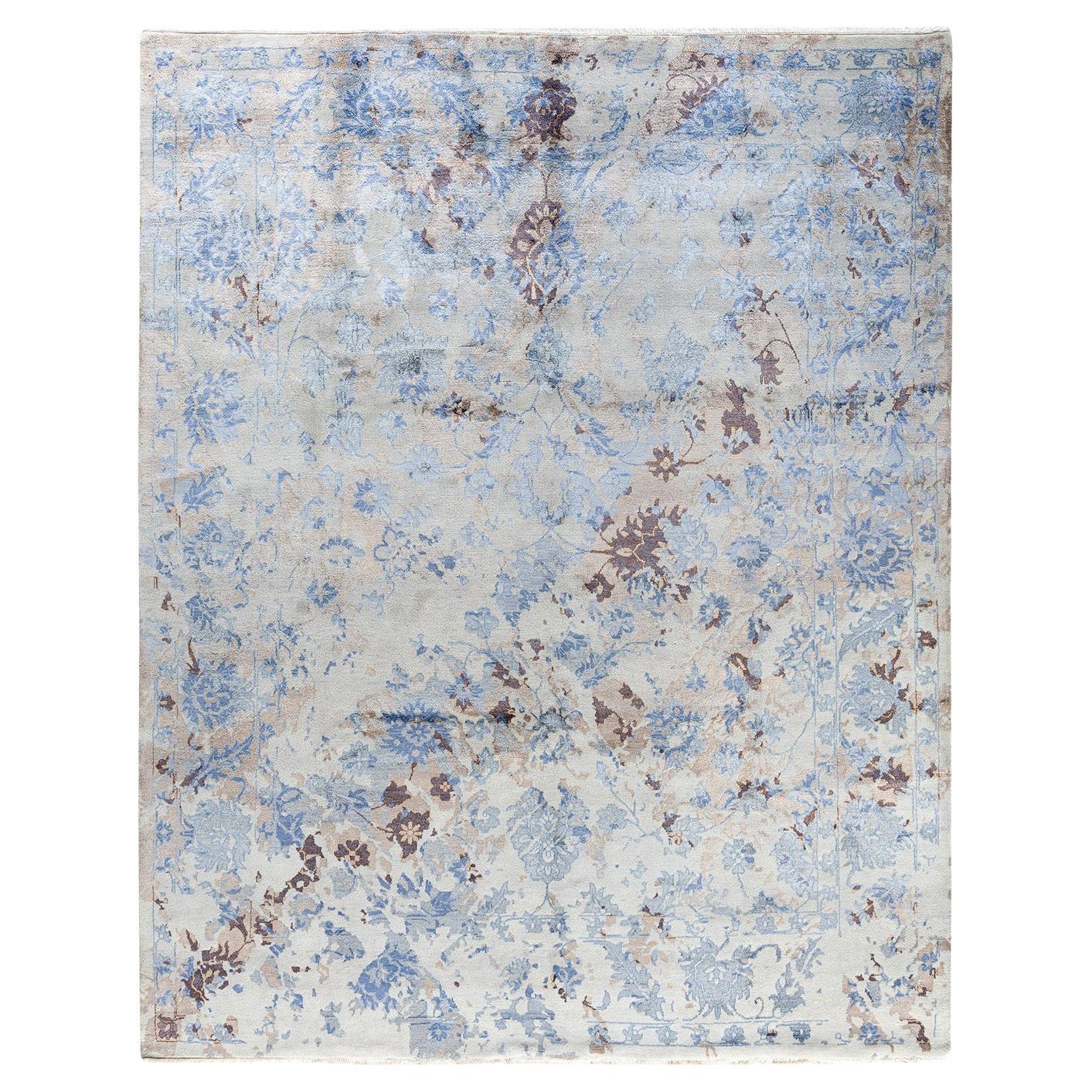 Traditioneller handgeknüpfter abstrakter Ikat-Teppich aus Seide und Wolle in Grau, 8' 2" x 10' 2"