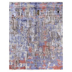 Tapis traditionnel Ikat abstrait noué à la main en soie et laine grise 8' 2" x 10' 3"